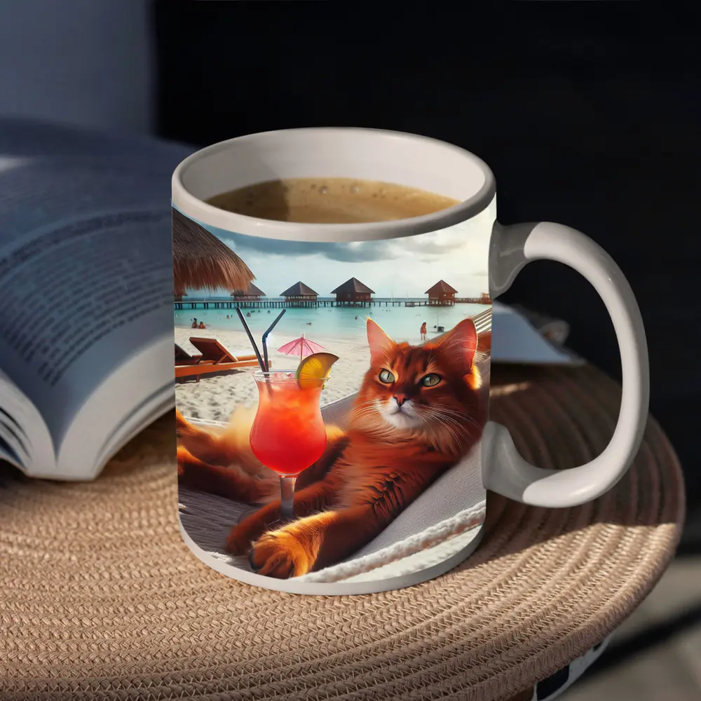 Somali Cat Relaxing on Beach Hammock – Mugs