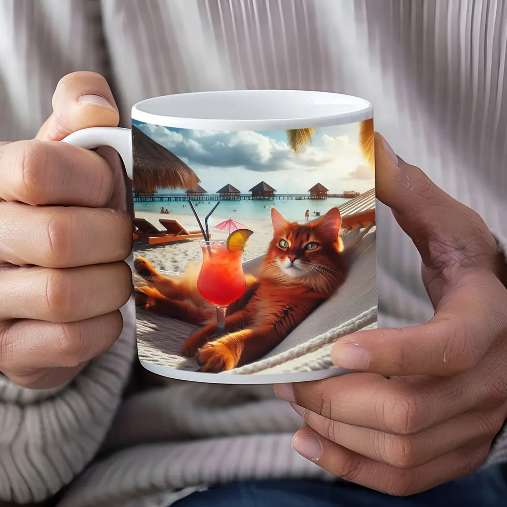 Somali Cat Relaxing on Beach Hammock – Mugs