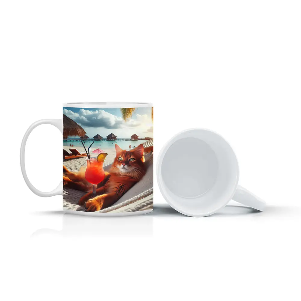 Somali Cat Relaxing on Beach Hammock – Mugs