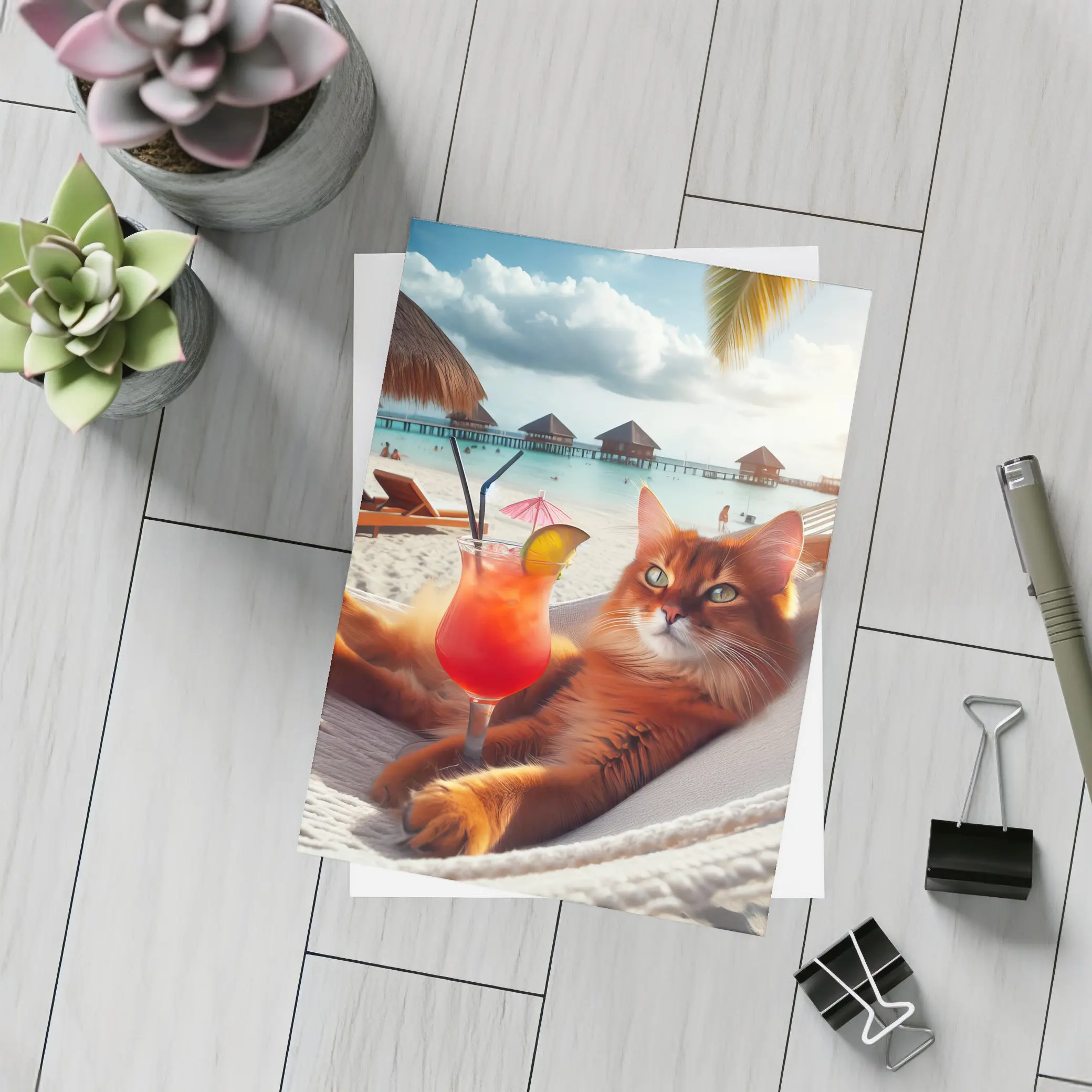 Somali Cat Relaxing on Beach Hammock – Postcards