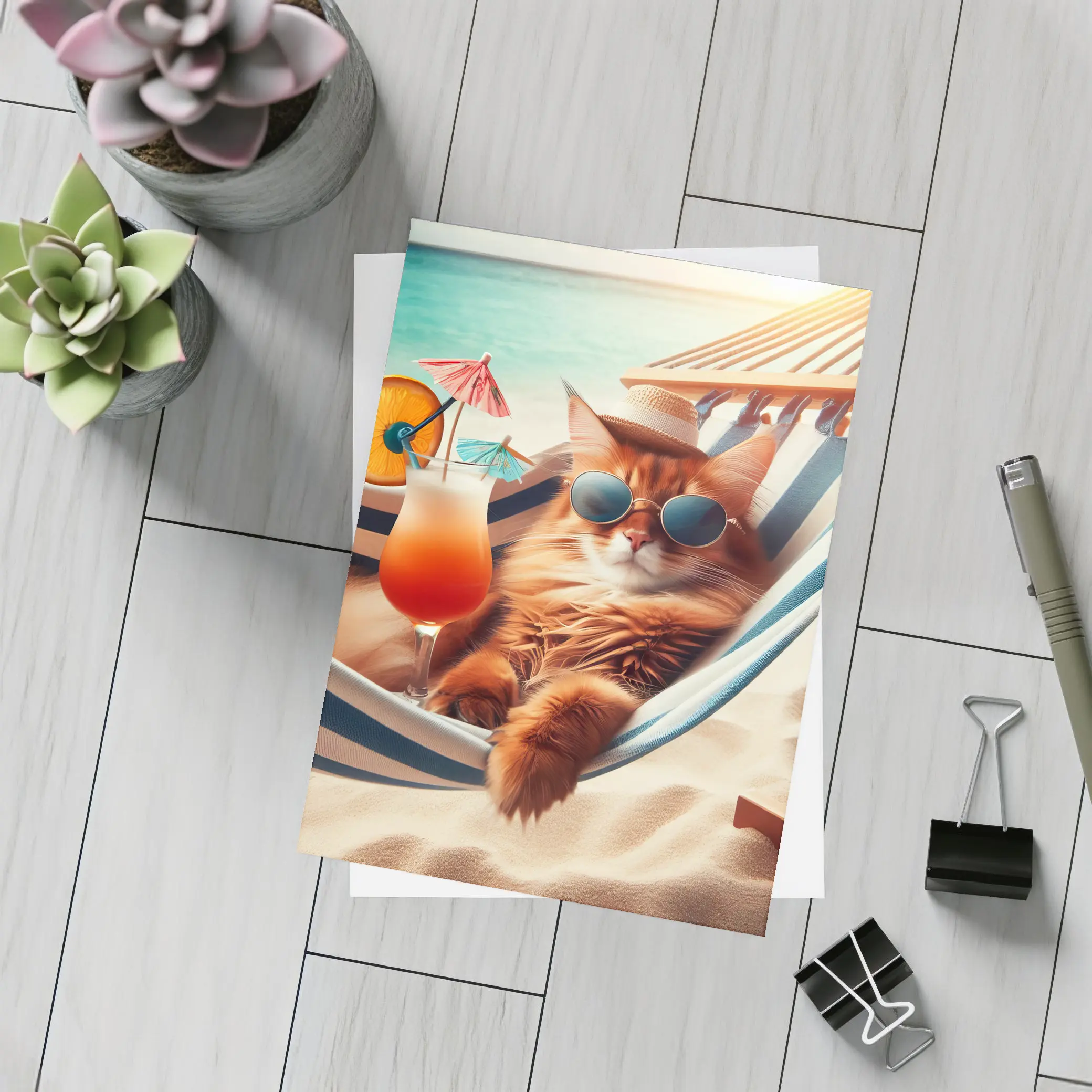 Somali Cat Relaxing Beach Hammock Summer – Postcards