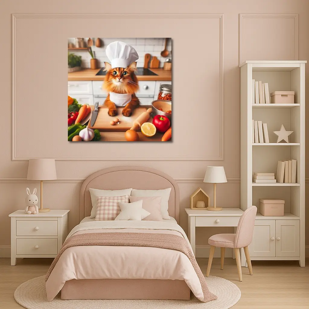 Somali Cat Chef Cooking in Kitchen – Wall Art