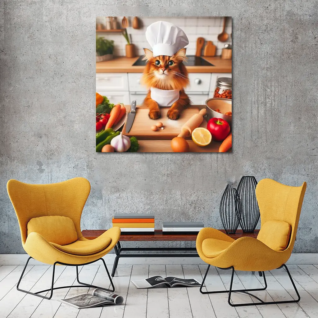 Somali Cat Chef Cooking in Kitchen – Wall Art
