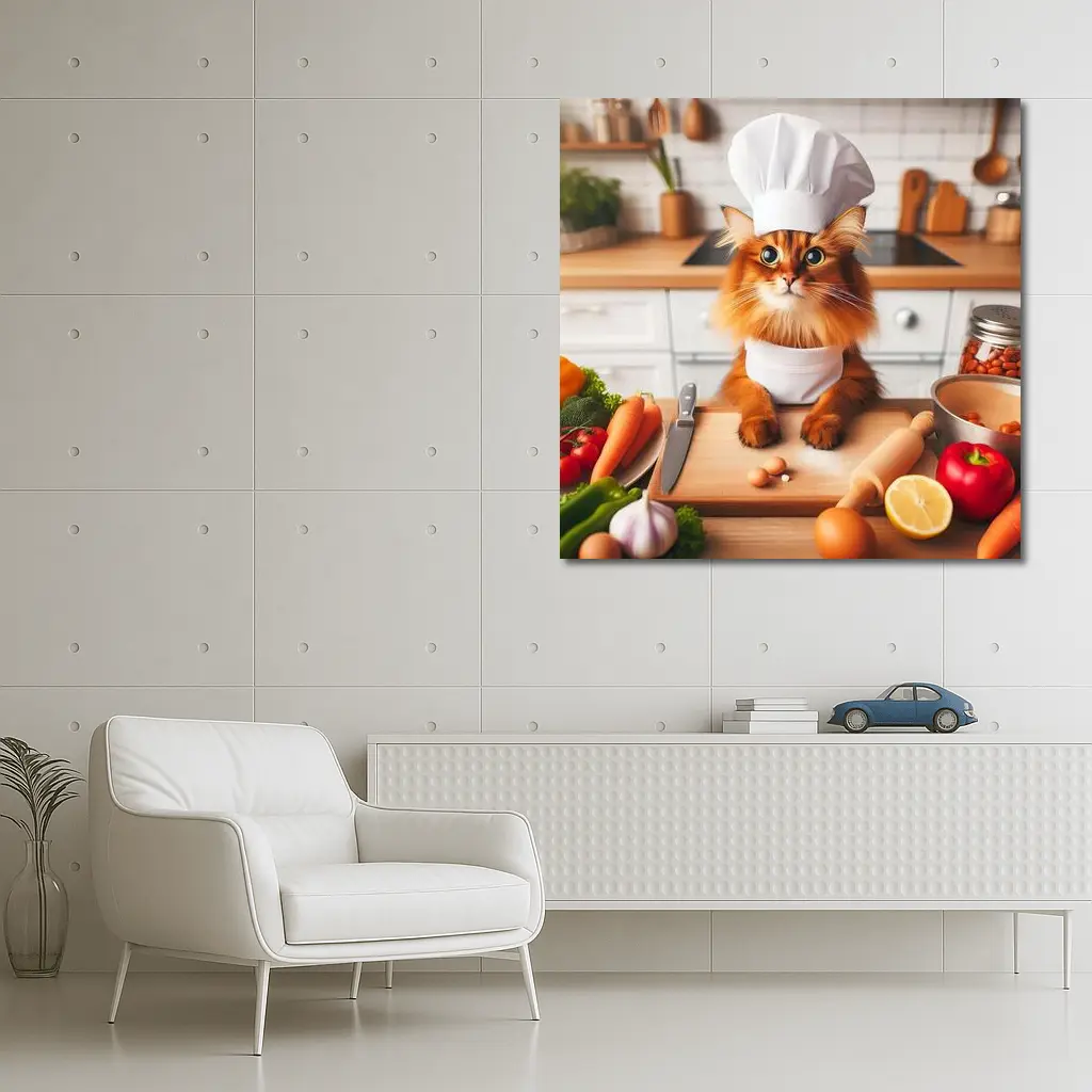 Somali Cat Chef Cooking in Kitchen – Wall Art