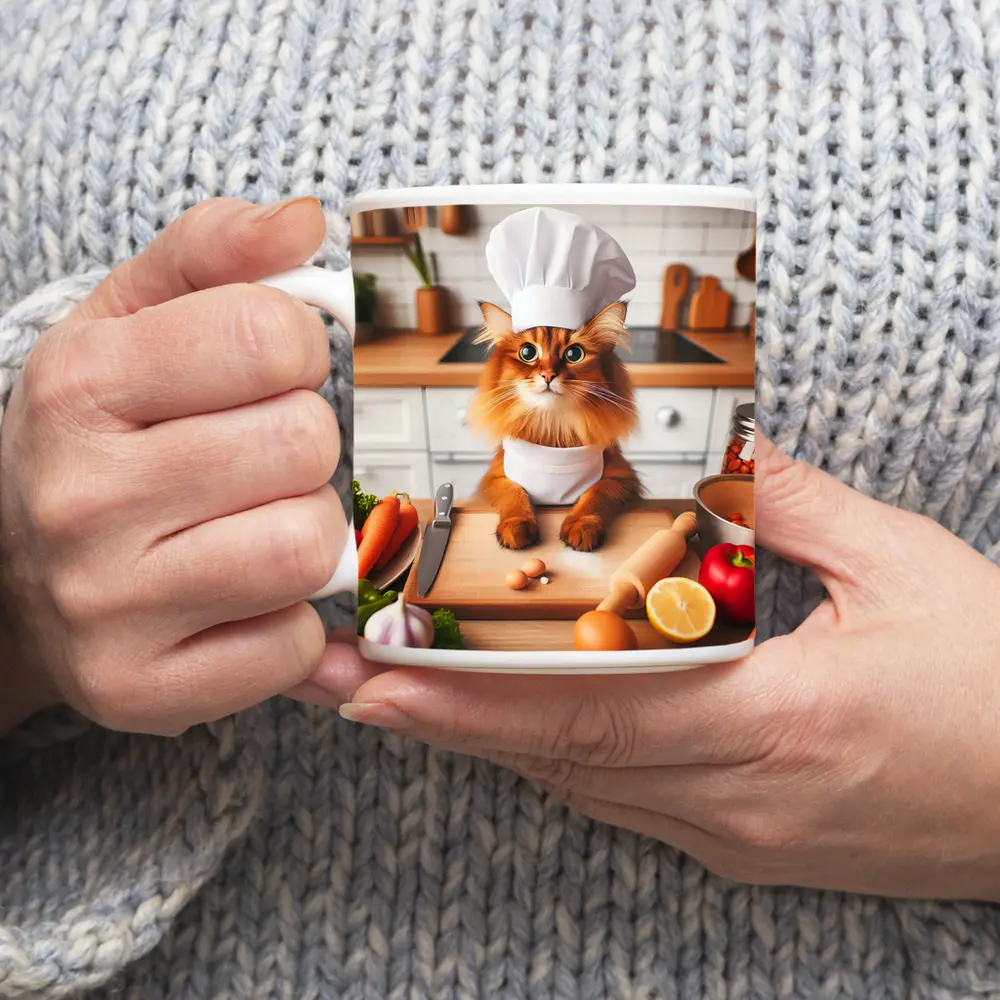 Somali Cat Chef Cooking in Kitchen – Mugs