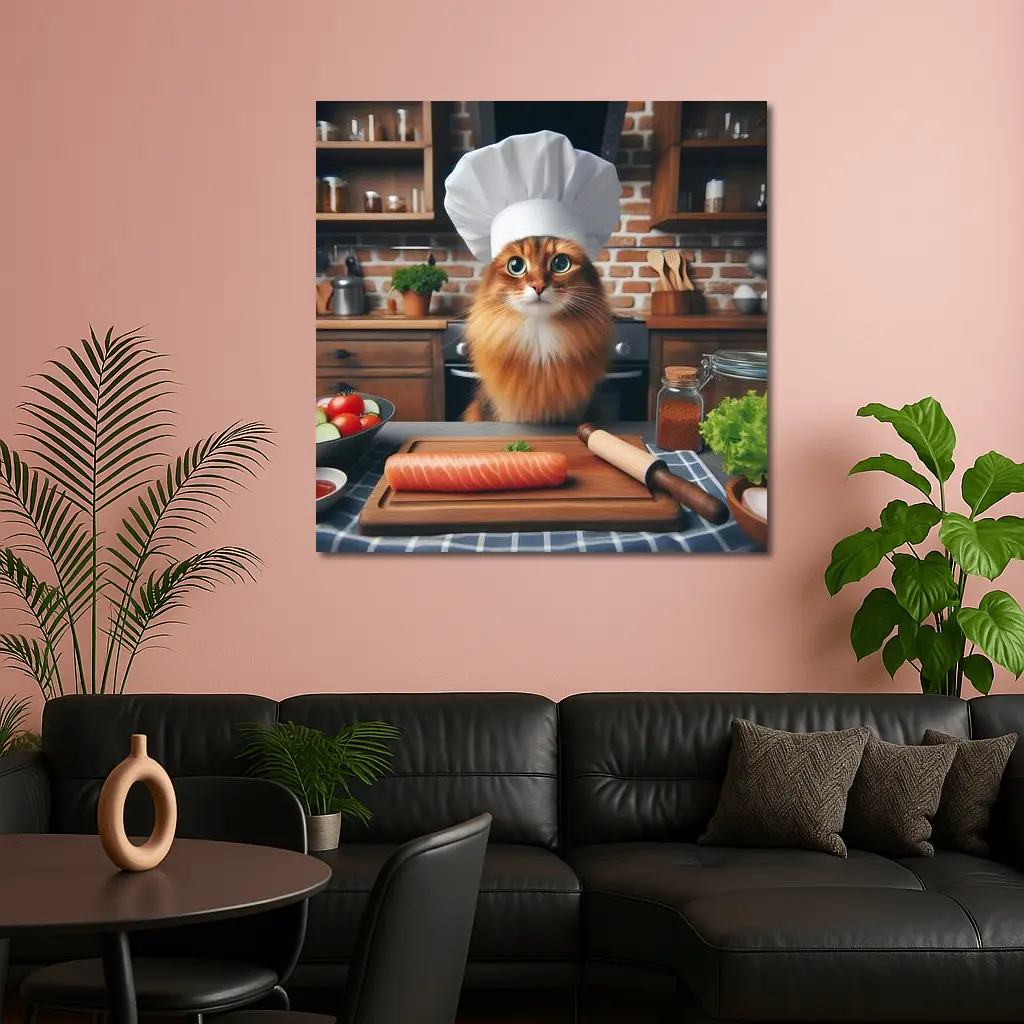 Somali Cat Chef Cooking Kitchen Scene – Wall Art