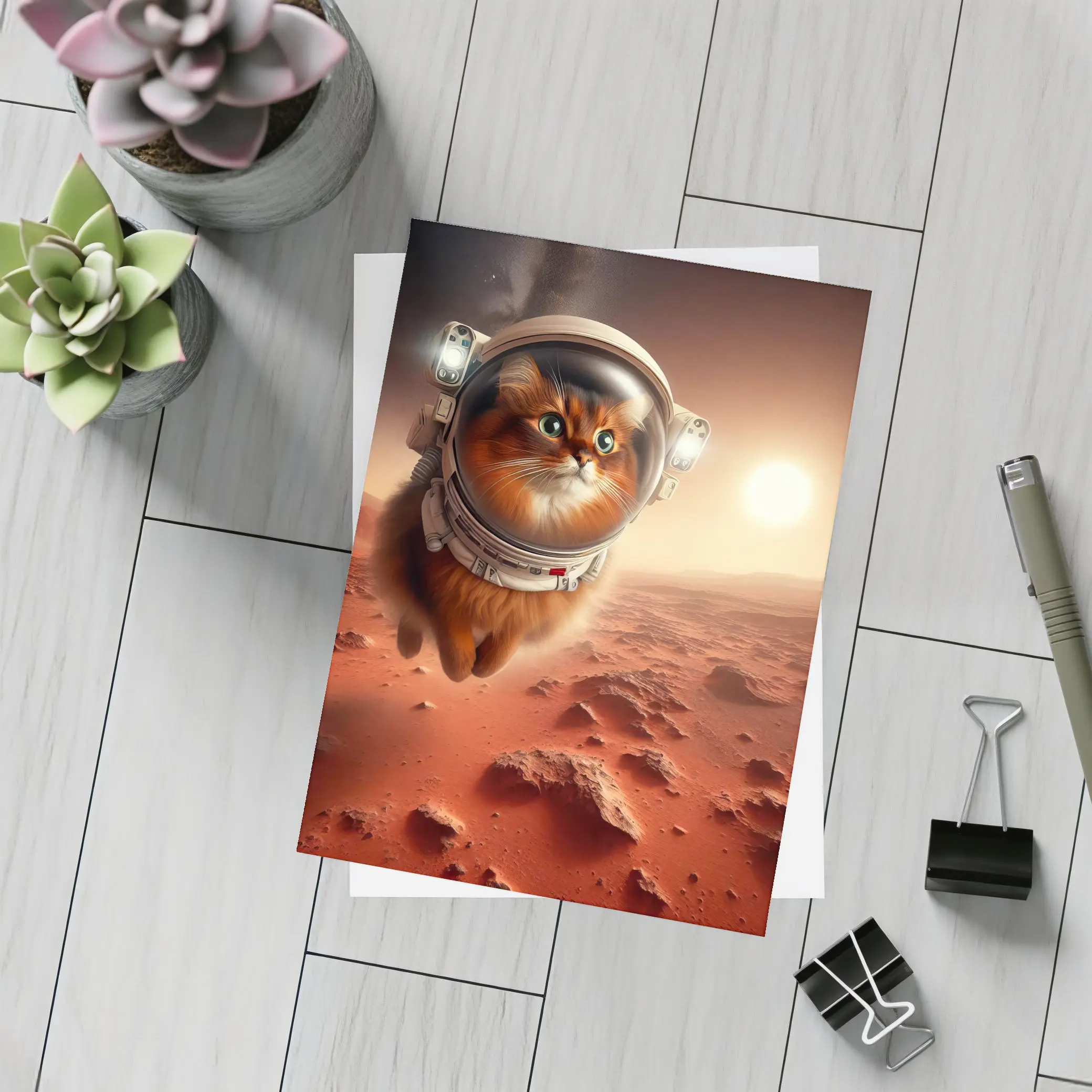 Somali Cat Astronaut Flying Over Mars – Postcards