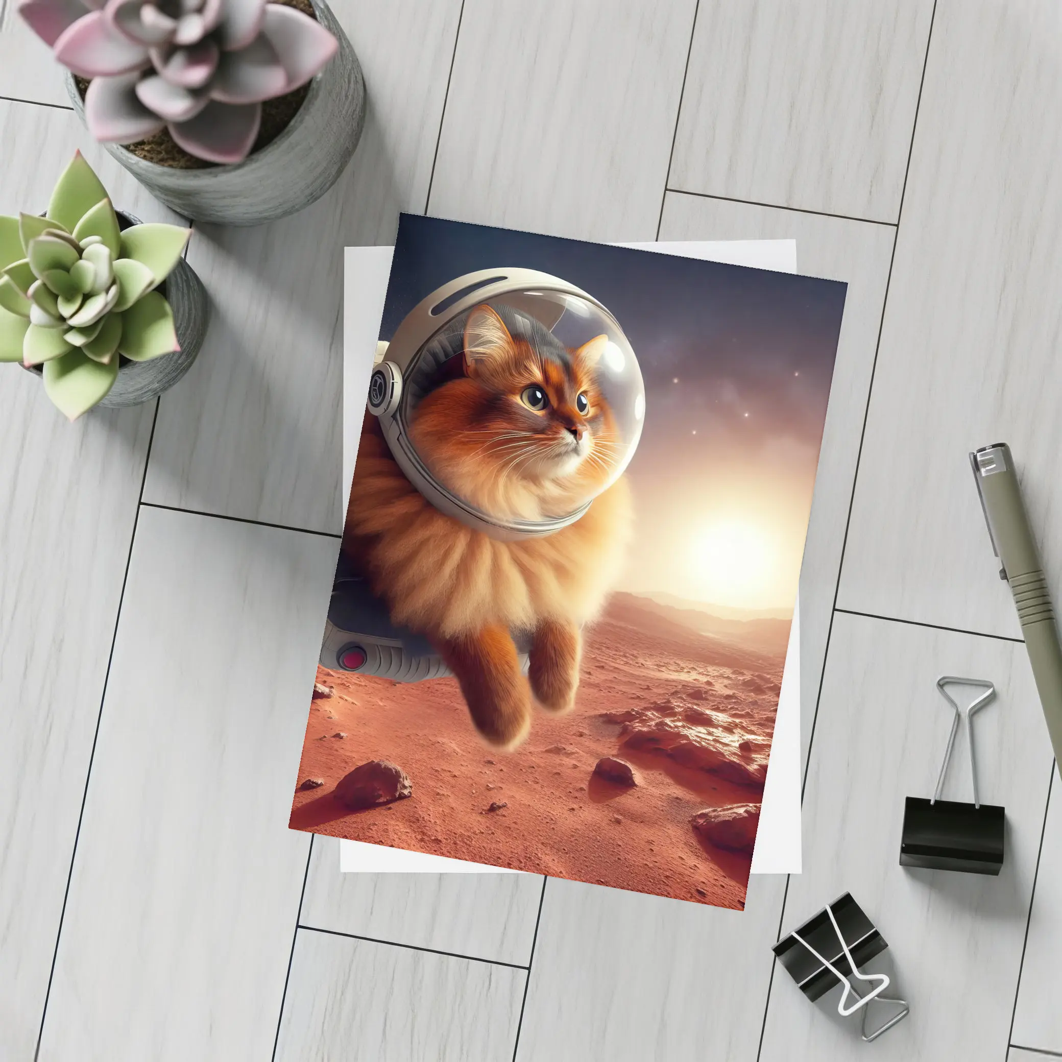 Somali Cat Astronaut Floating Over Mars – Postcards