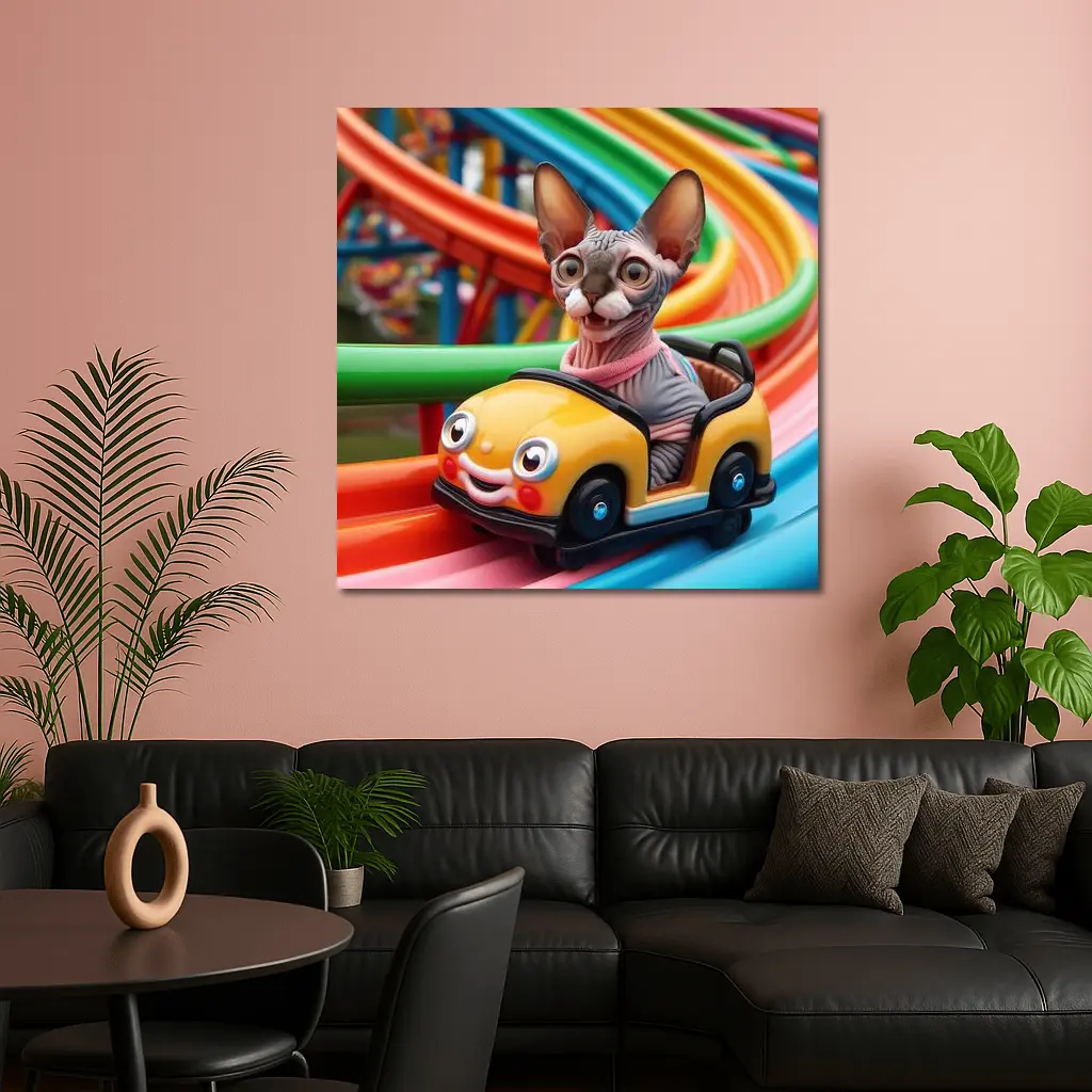 Sphynx Cat Riding Colorful Toy Roller Coaster – Wall Art