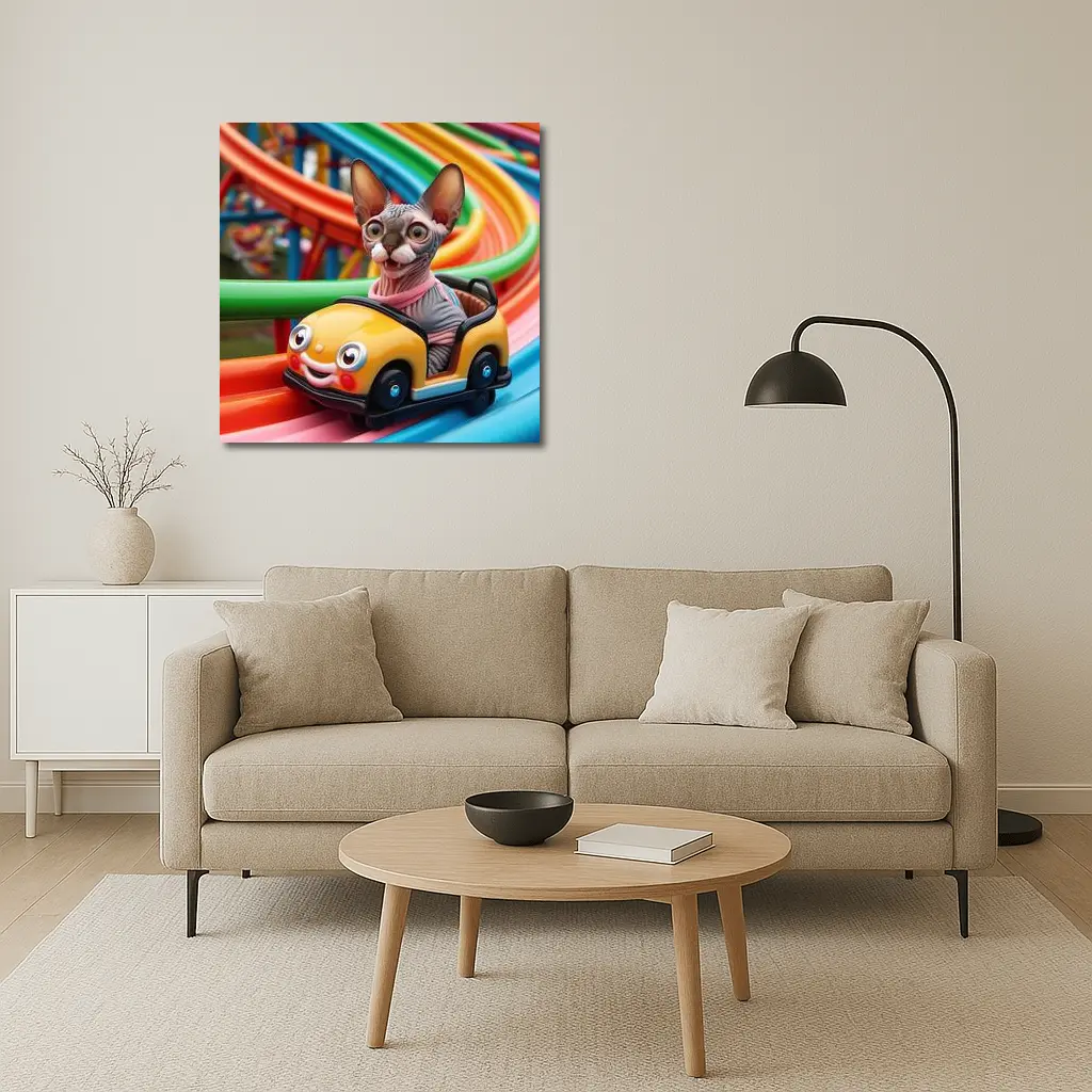 Sphynx Cat Riding Colorful Toy Roller Coaster – Wall Art