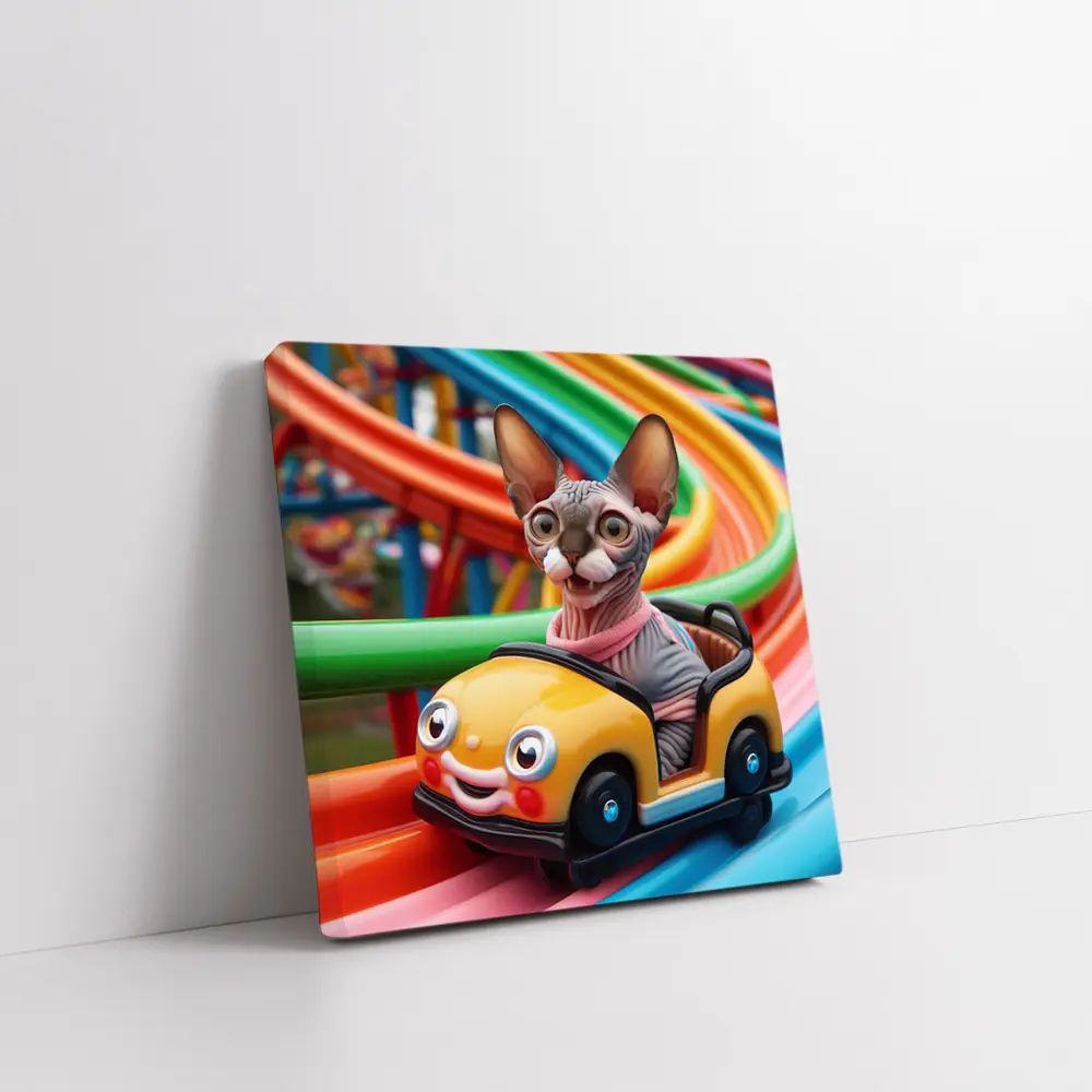 Sphynx Cat Riding Colorful Toy Roller Coaster – Wall Art