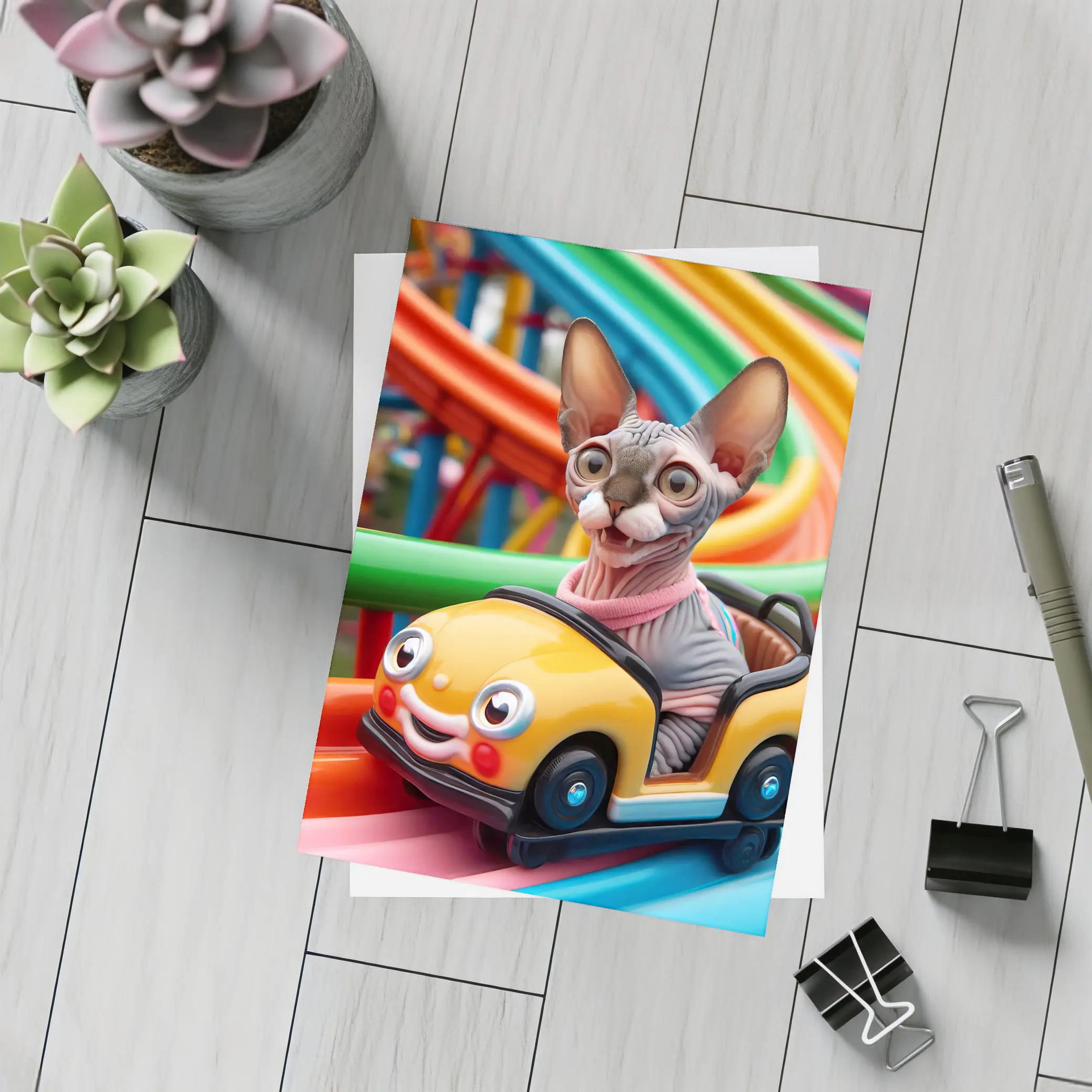 Sphynx Cat Riding Colorful Toy Roller Coaster – Postcards
