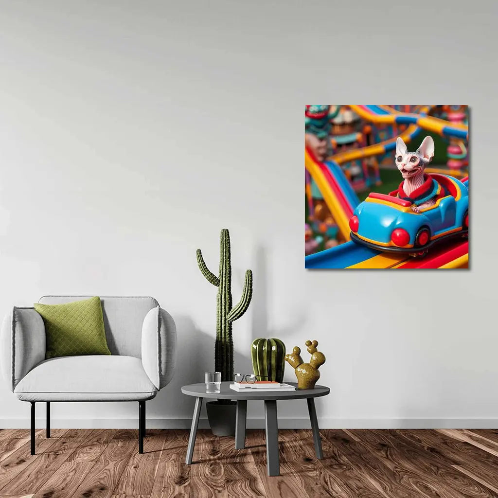 Sphynx Cat Riding Colorful Amusement Park Roller Coaster – Wall Art