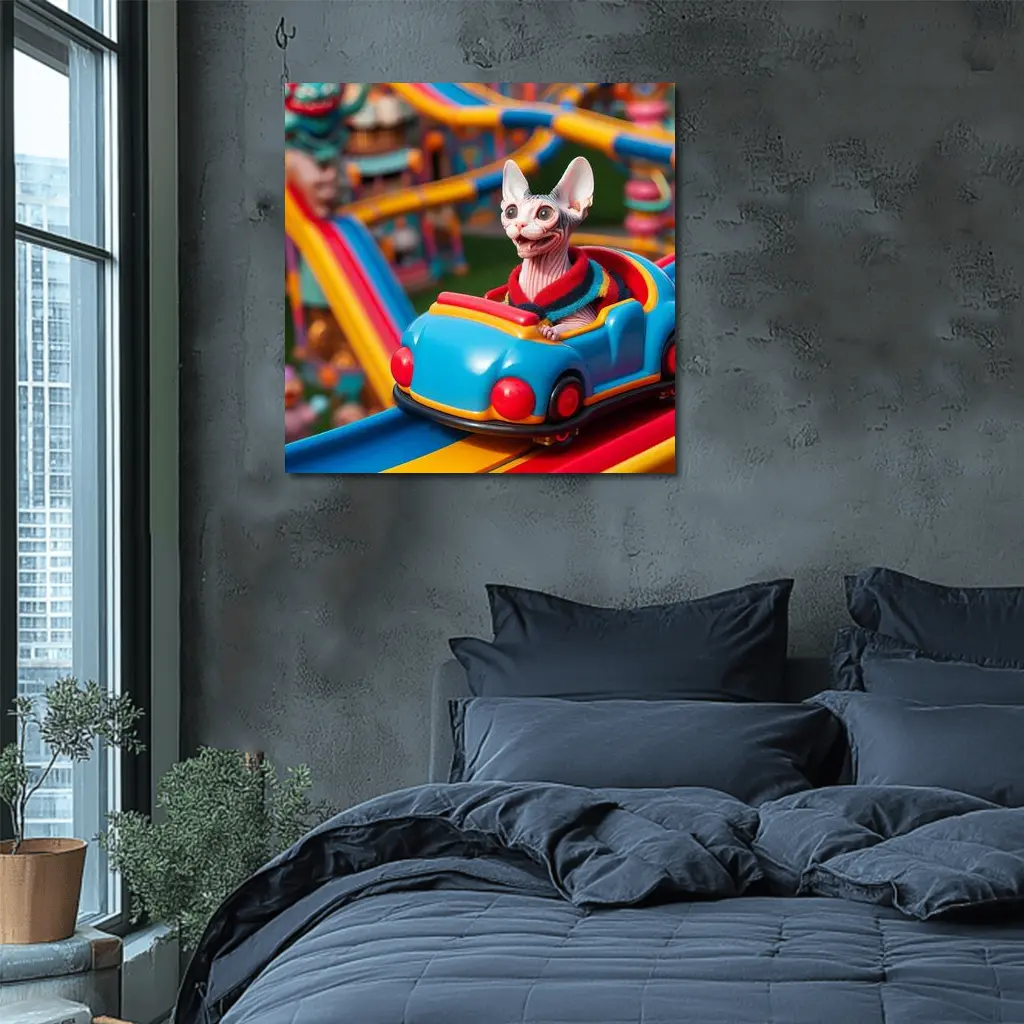 Sphynx Cat Riding Colorful Amusement Park Roller Coaster – Wall Art