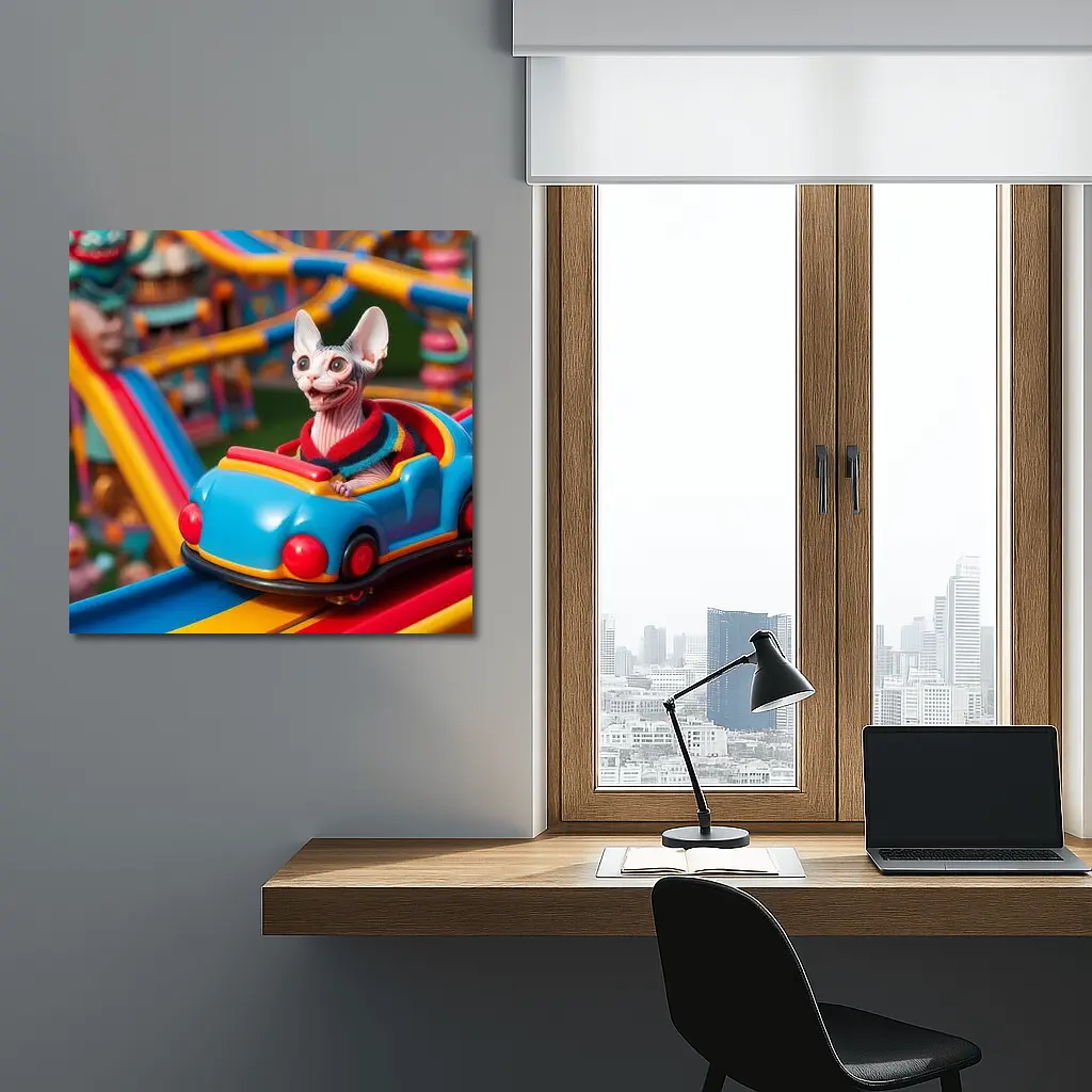 Sphynx Cat Riding Colorful Amusement Park Roller Coaster – Wall Art