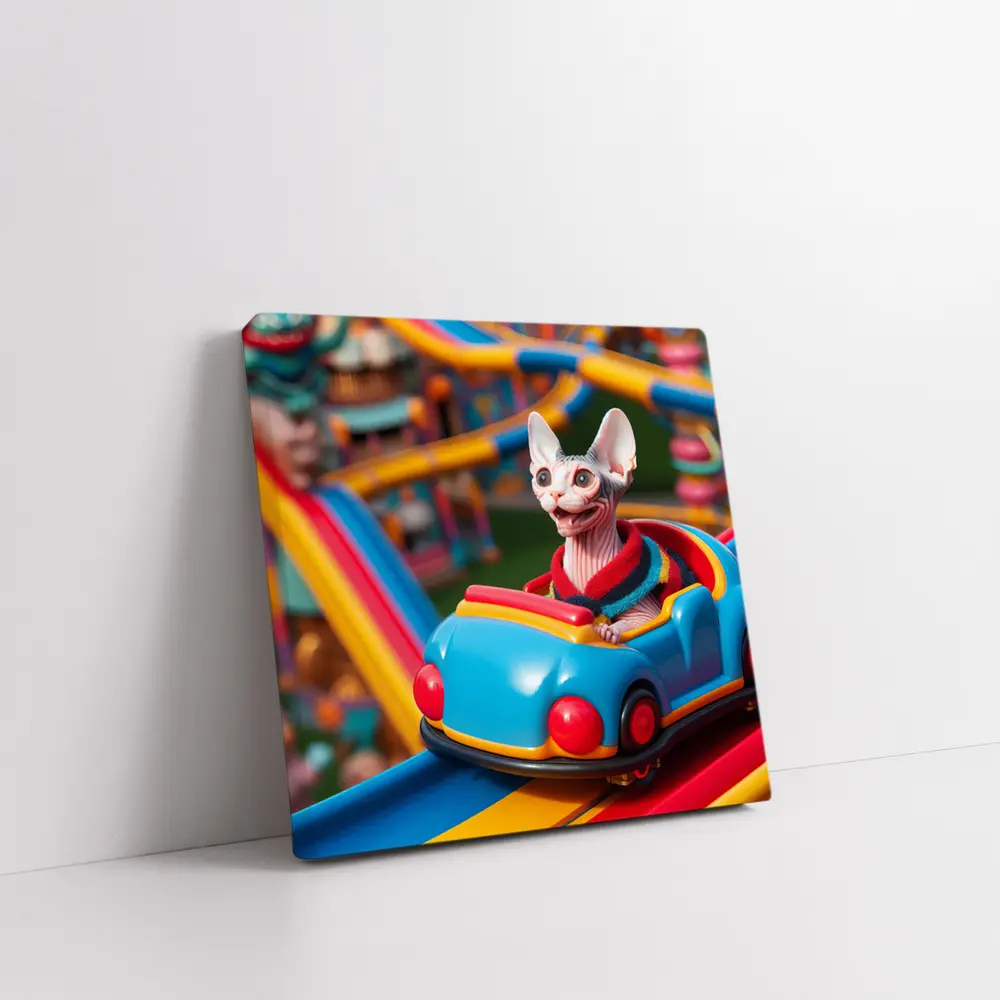 Sphynx Cat Riding Colorful Amusement Park Roller Coaster – Wall Art