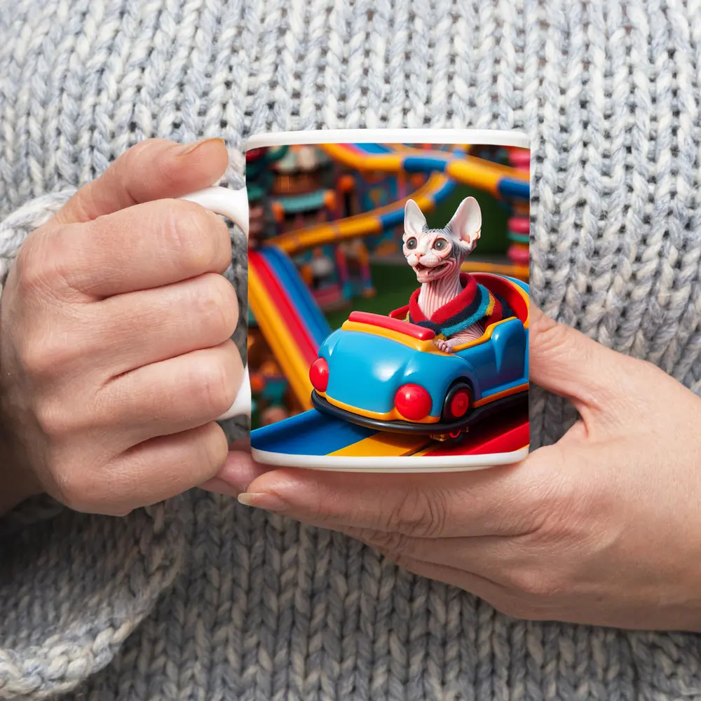 Sphynx Cat Riding Colorful Amusement Park Roller Coaster – Mugs