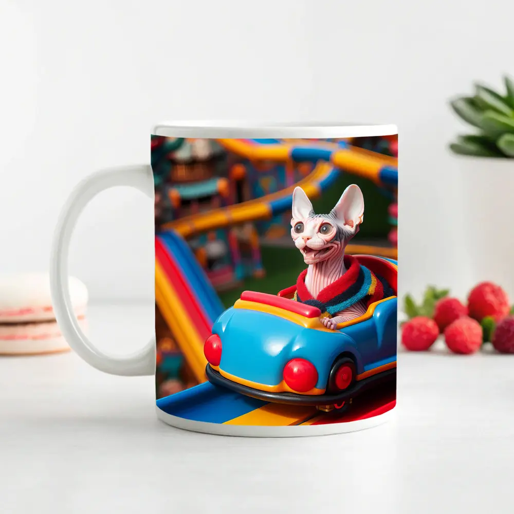 Sphynx Cat Riding Colorful Amusement Park Roller Coaster – Mugs