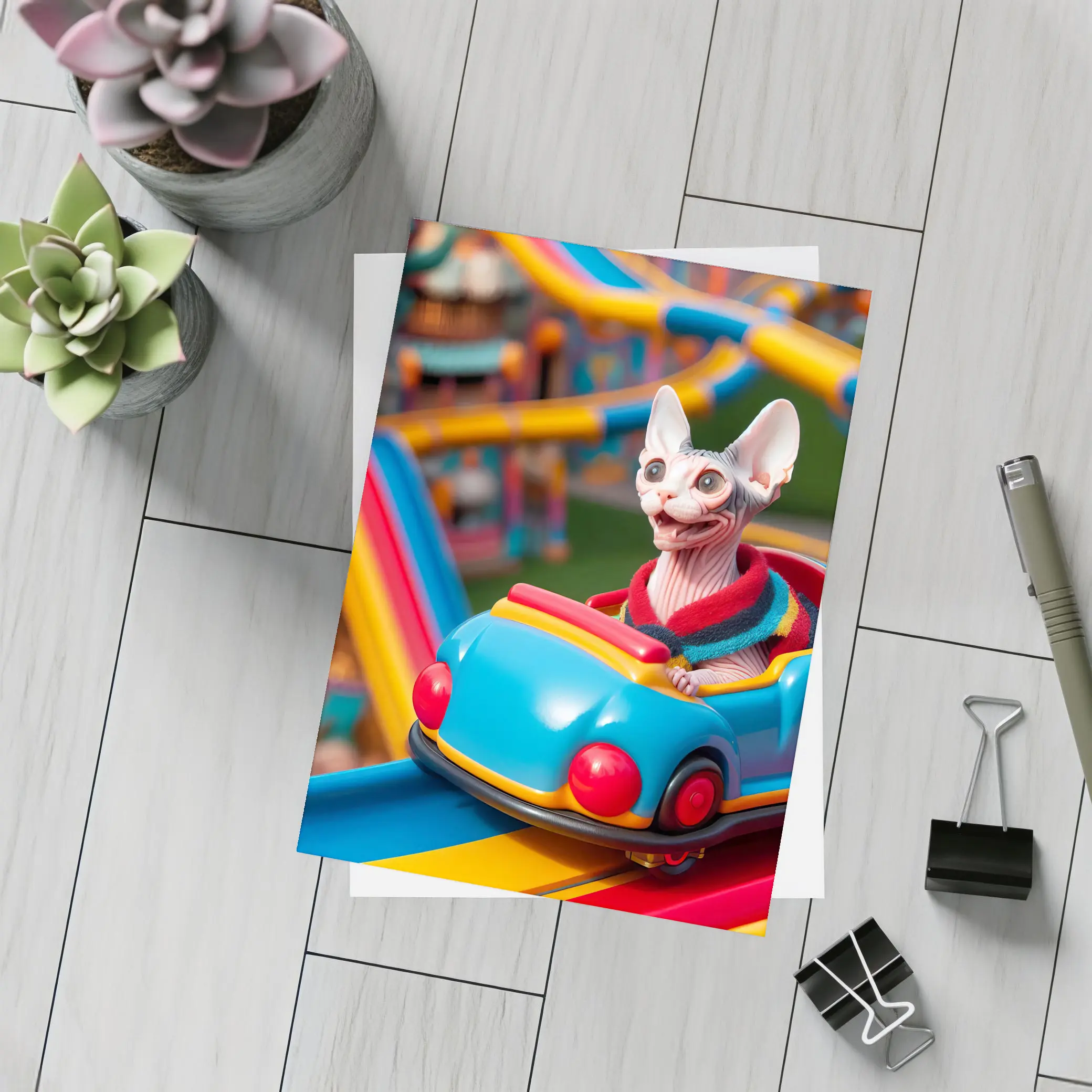 Sphynx Cat Riding Colorful Amusement Park Roller Coaster – Postcards