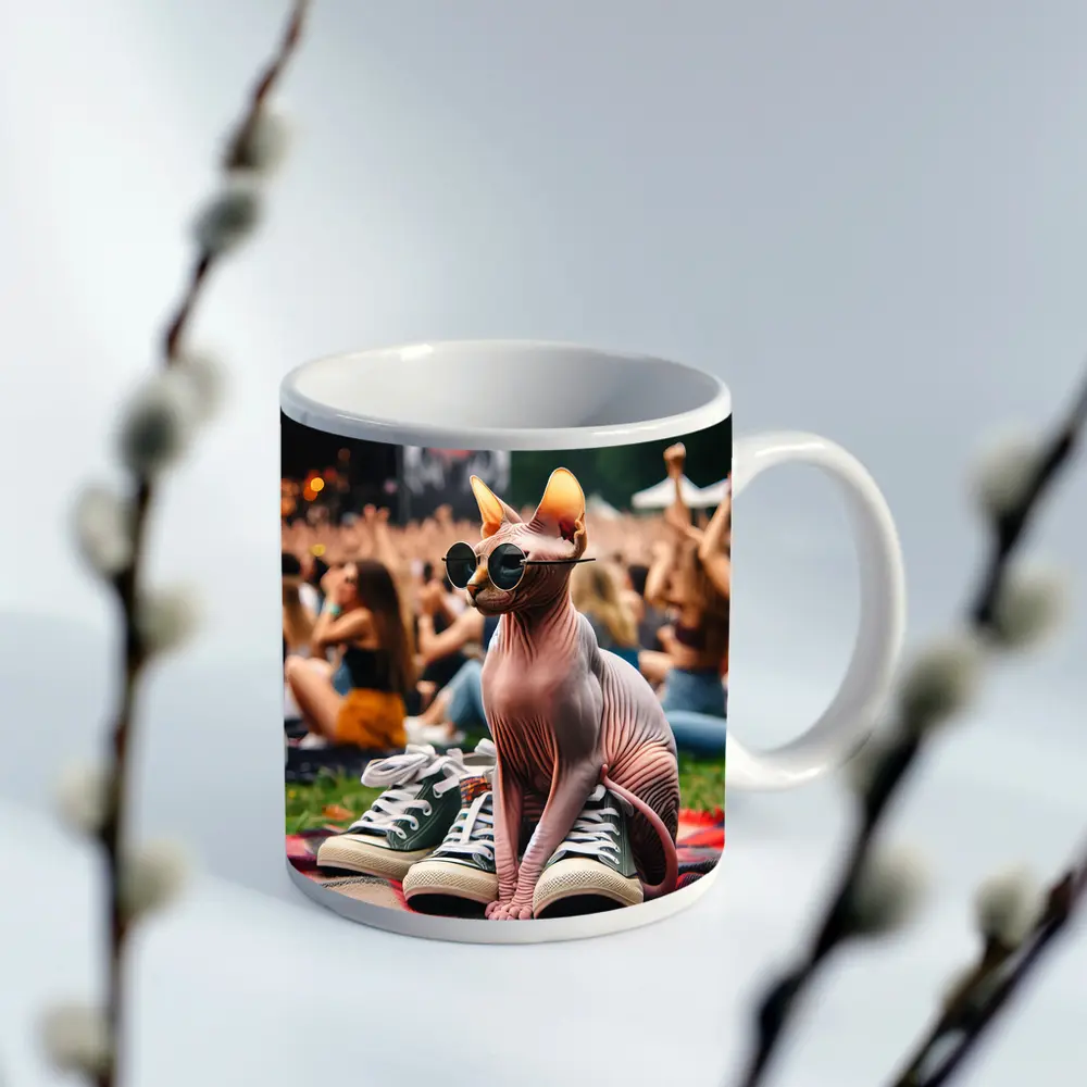 Sphynx Cat Sunglasses Concert Festival Crowd – Mugs