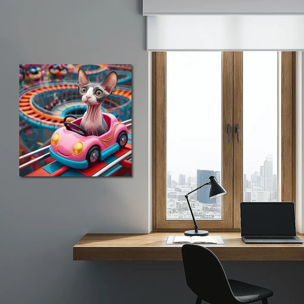 Sphynx Cat Riding Pink Car Amusement Park – Wall Art