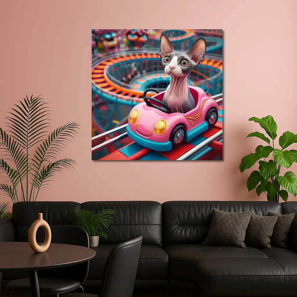 Sphynx Cat Riding Pink Car Amusement Park – Wall Art