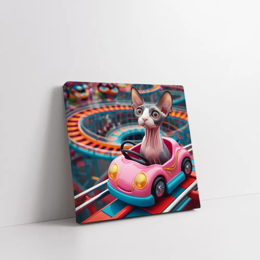 Sphynx Cat Riding Pink Car Amusement Park – Wall Art