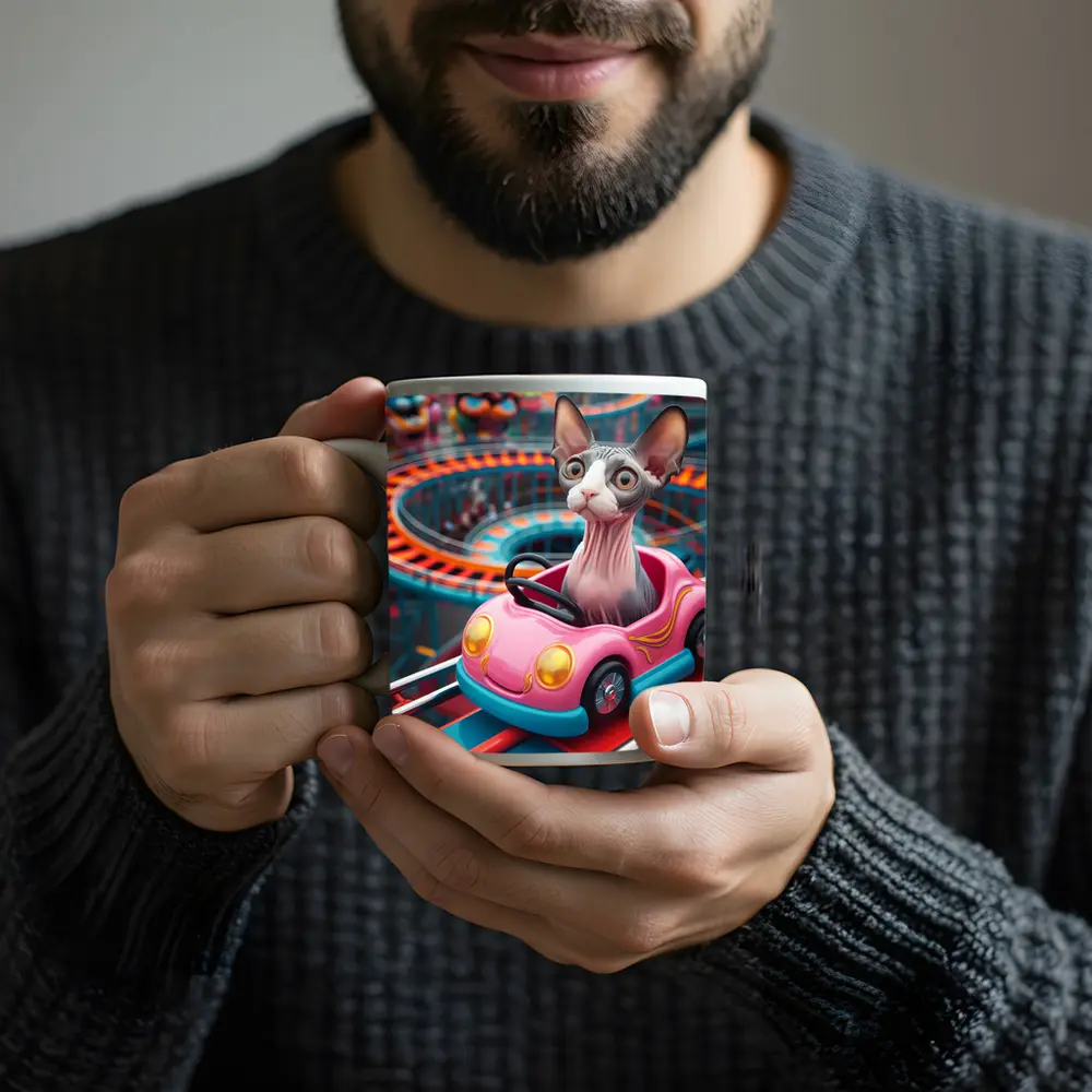 Sphynx Cat Riding Pink Car Amusement Park – Mugs