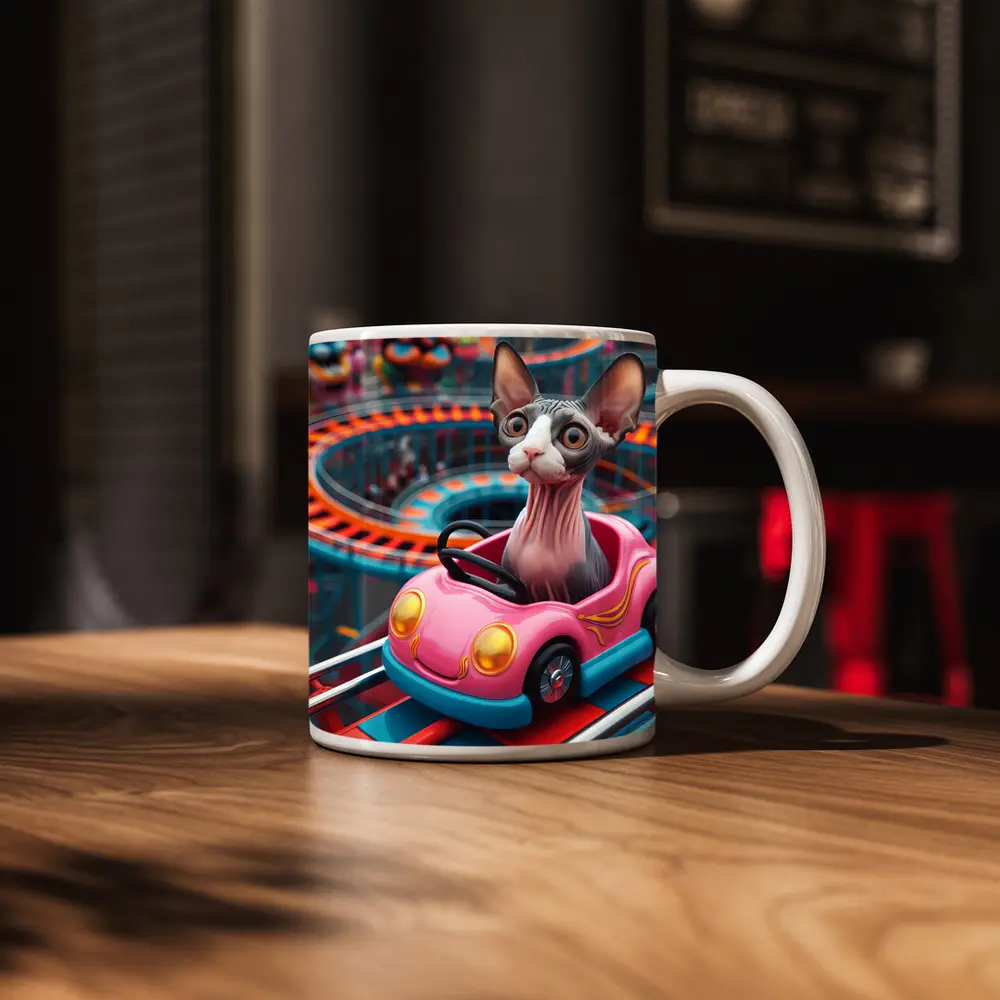 Sphynx Cat Riding Pink Car Amusement Park – Mugs