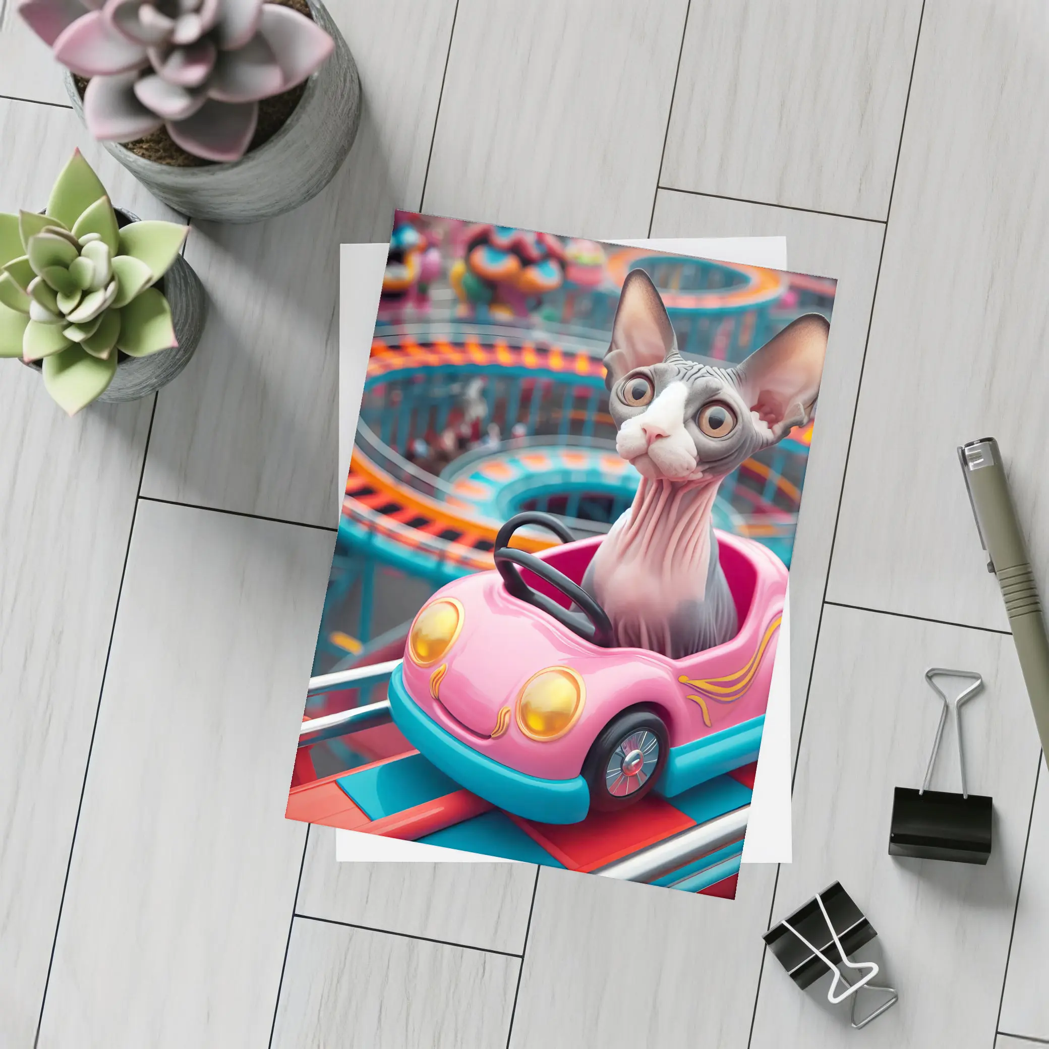 Sphynx Cat Riding Pink Car Amusement Park – Postcards