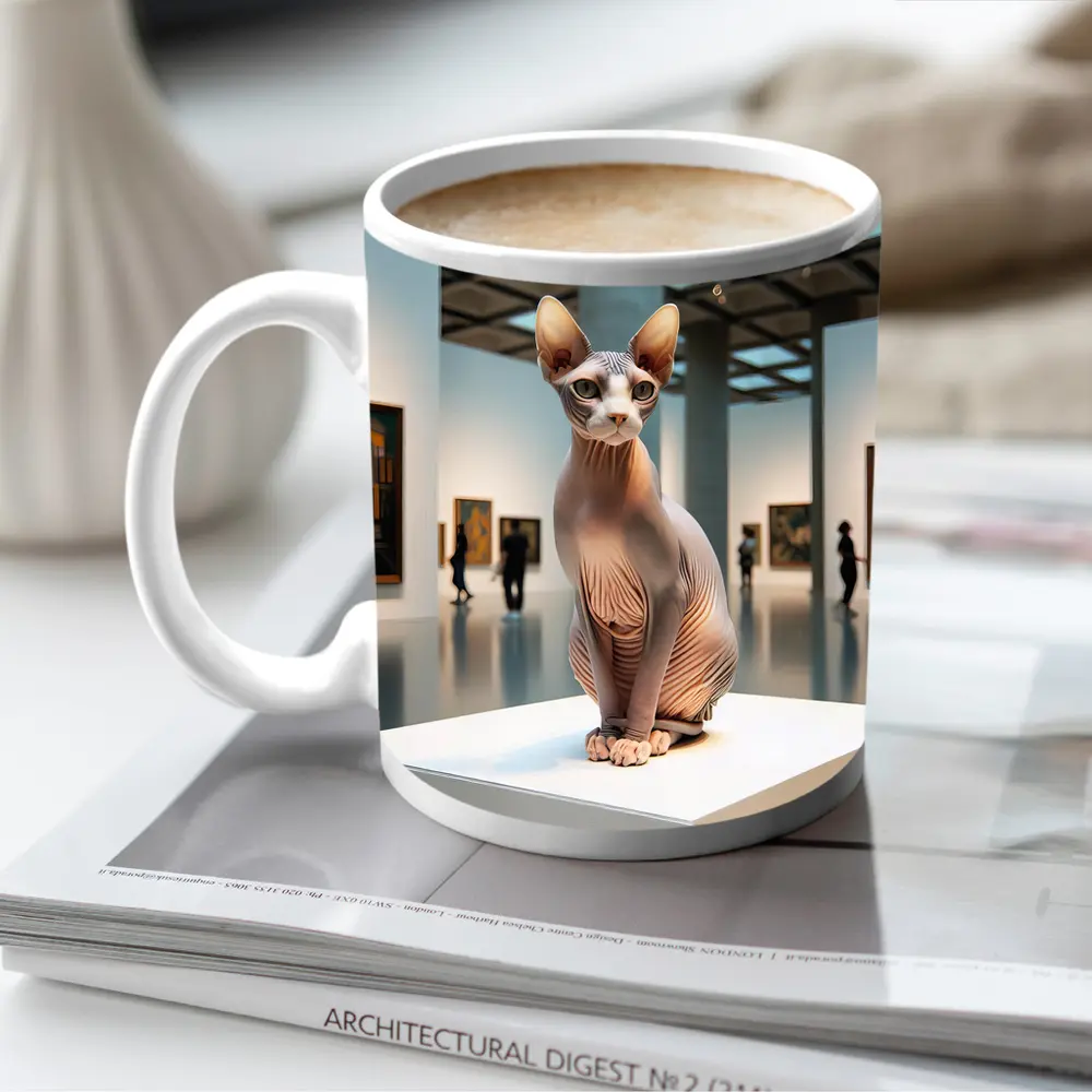 Sphynx Cat Sitting in Art Gallery – Mugs