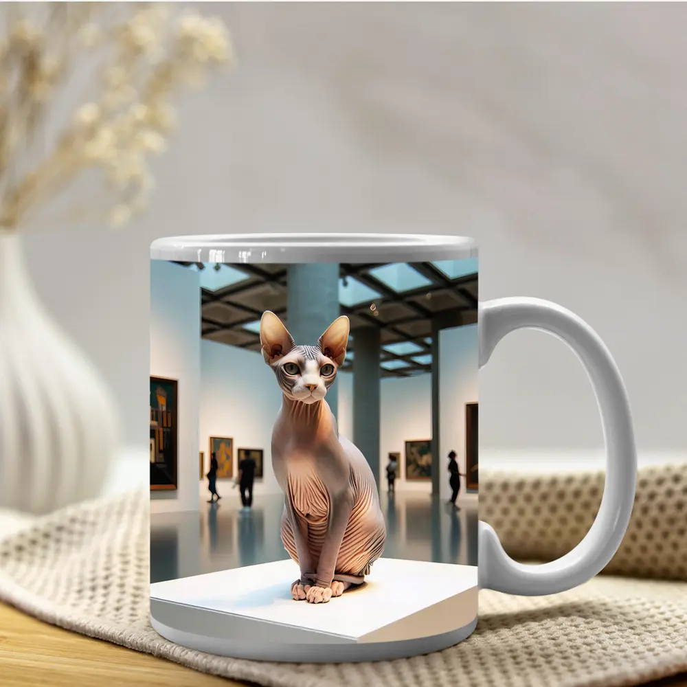 Sphynx Cat Sitting in Art Gallery – Mugs