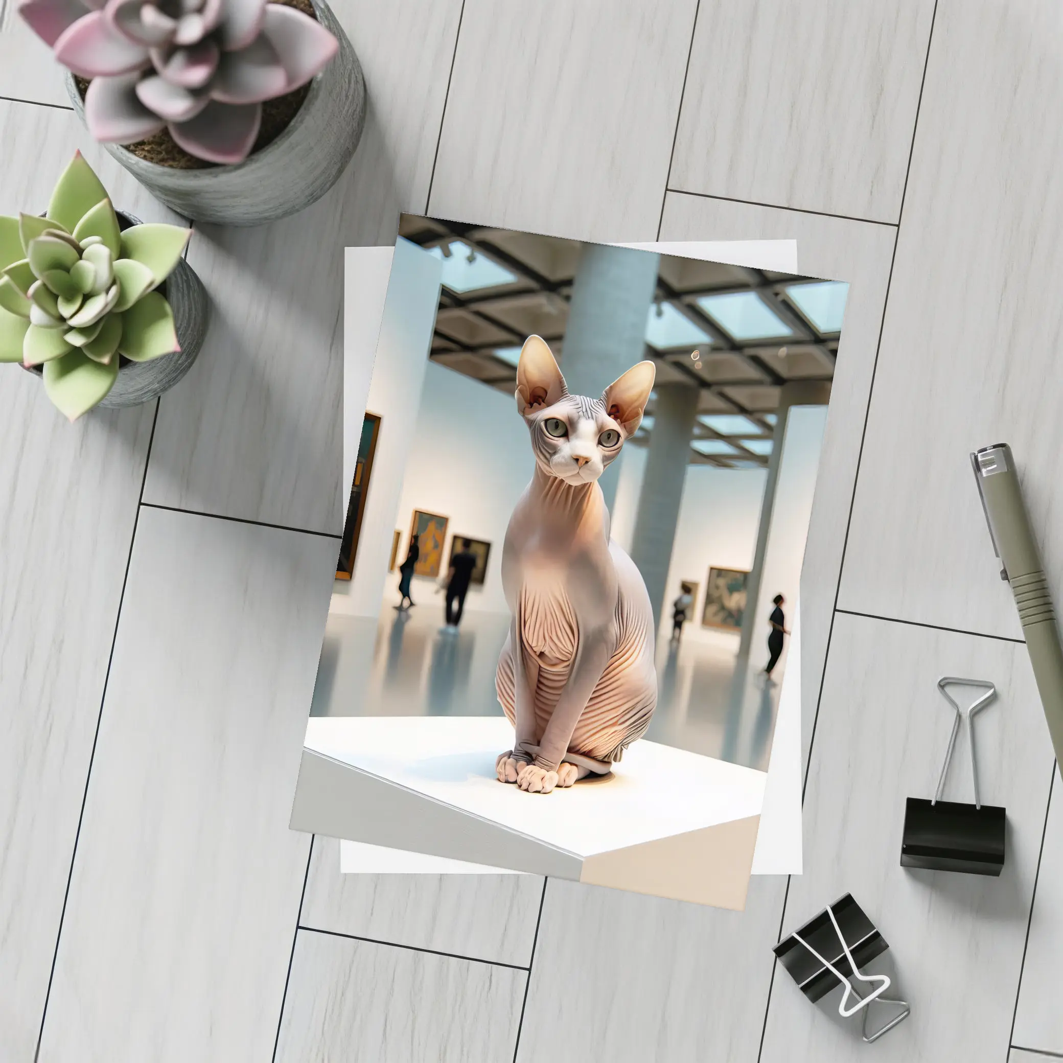 Sphynx Cat Sitting in Art Gallery – Postcards