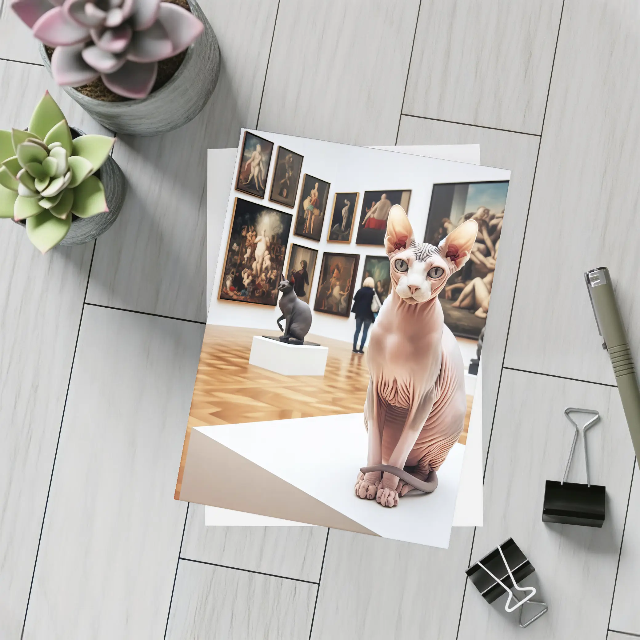 Sphynx Cat Sitting In Art Gallery – Postcards