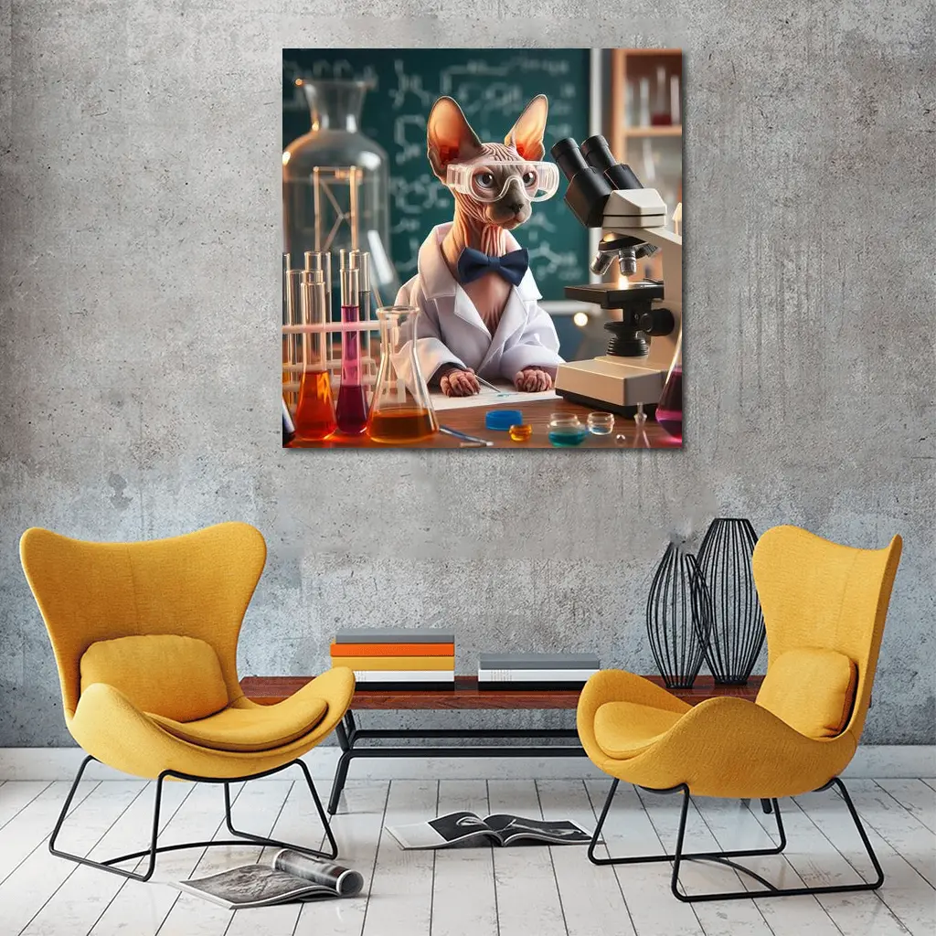 Sphynx Cat Scientist Laboratory Funny Portrait – Wall Art