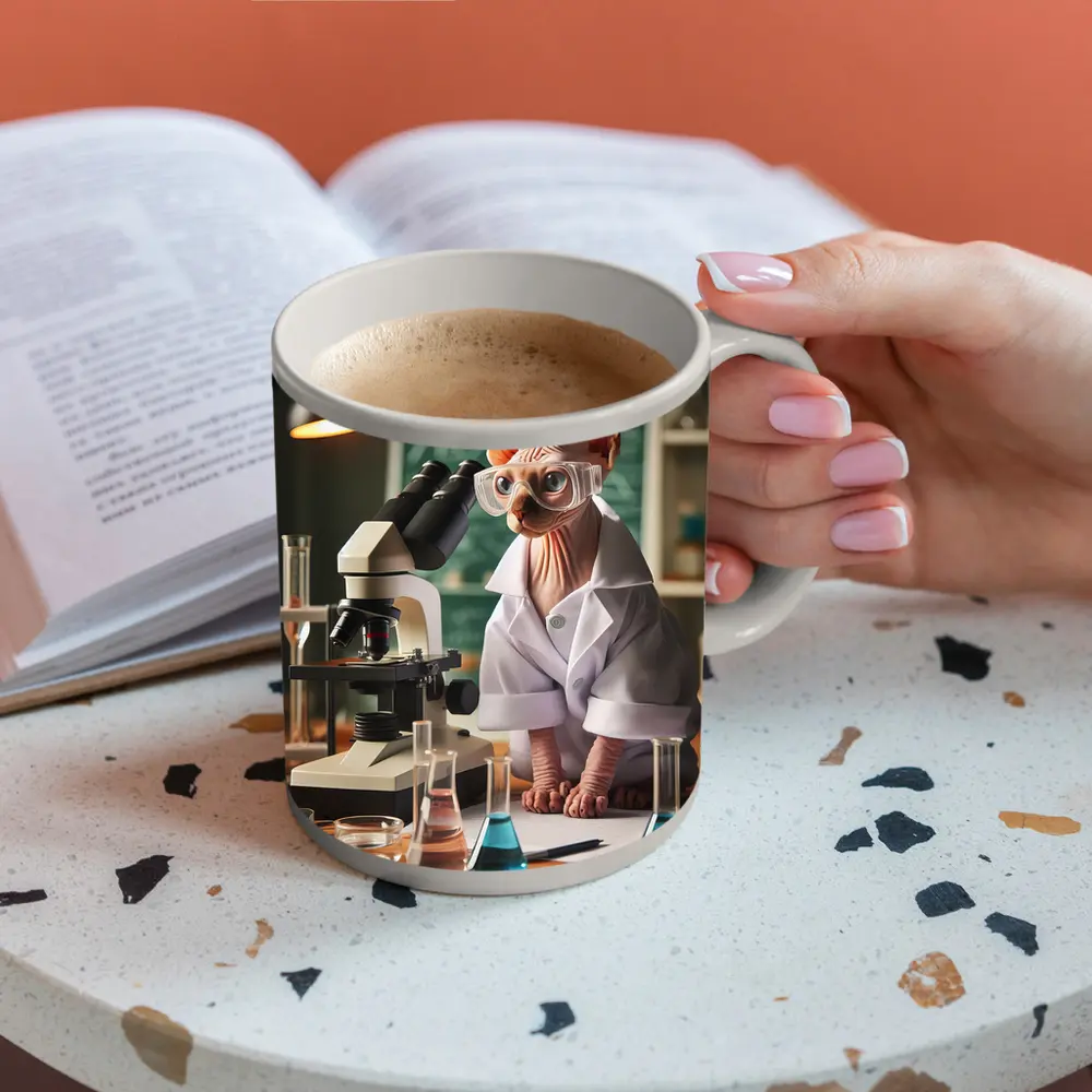 Sphynx Cat Scientist In Laboratory Setting – Mugs