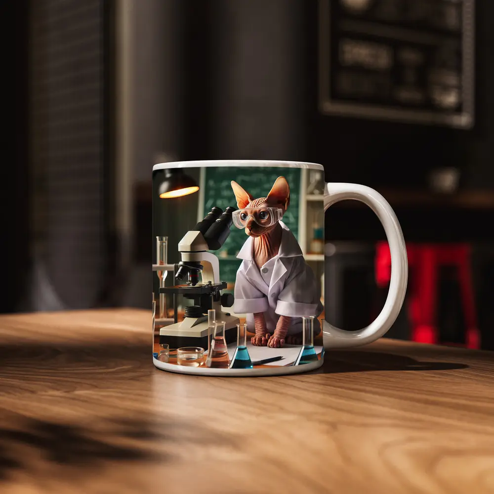 Sphynx Cat Scientist In Laboratory Setting – Mugs