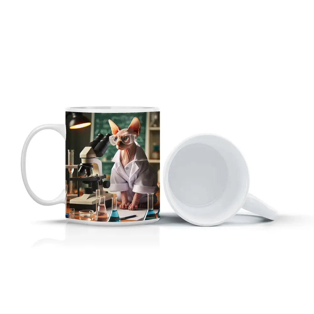 Sphynx Cat Scientist In Laboratory Setting – Mugs