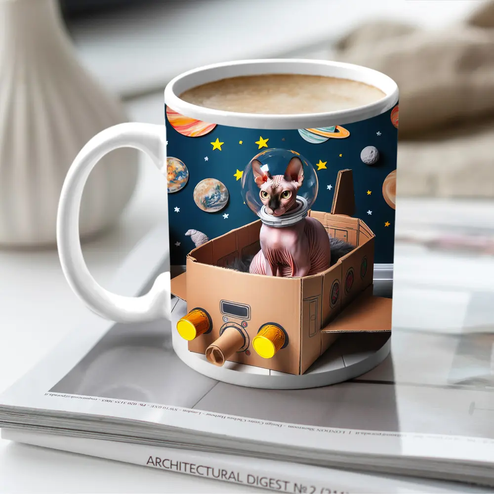 Sphynx Cat Astronaut Cardboard Rocket Space – Mugs