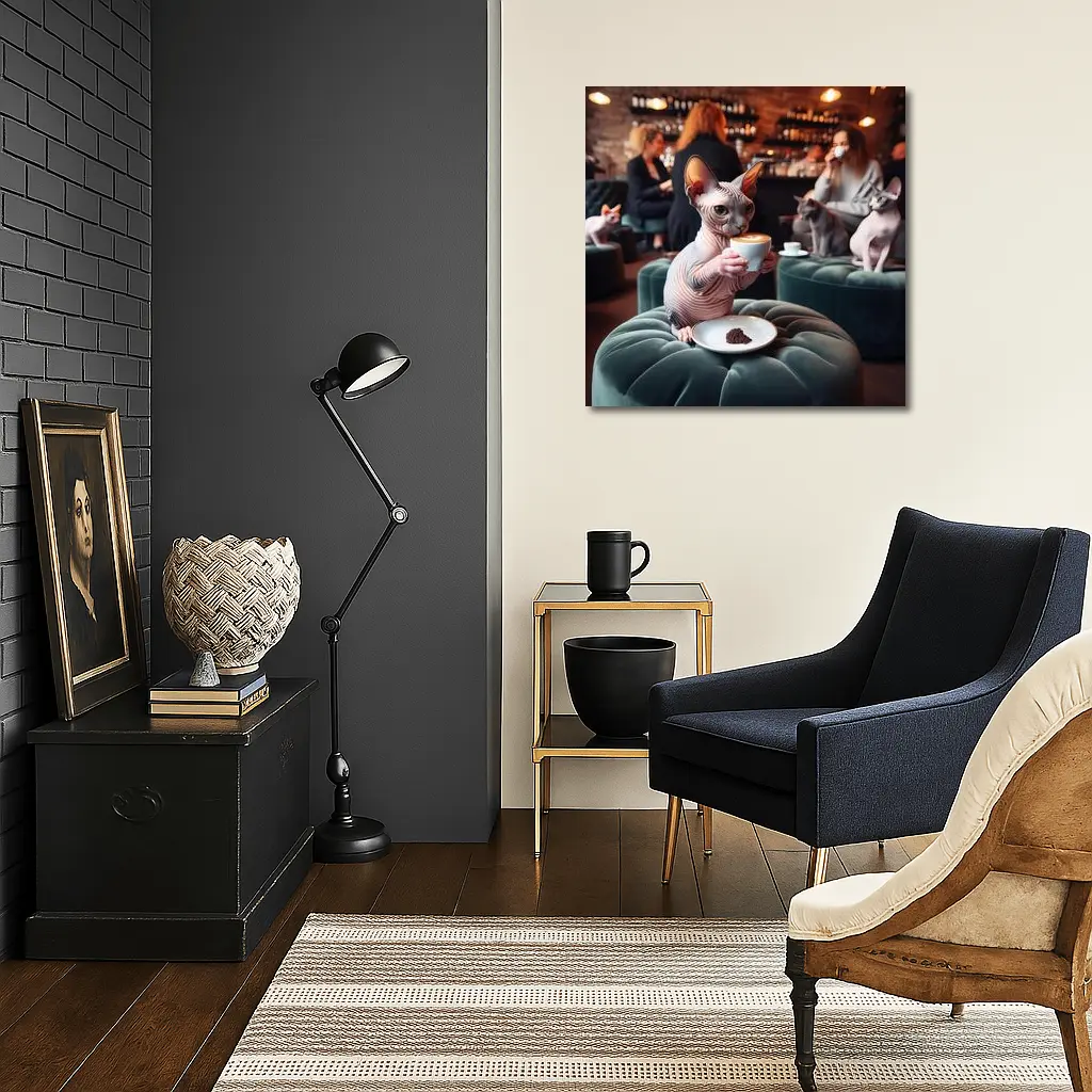 Sphynx Cat Drinking Coffee In Cafe – Wall Art