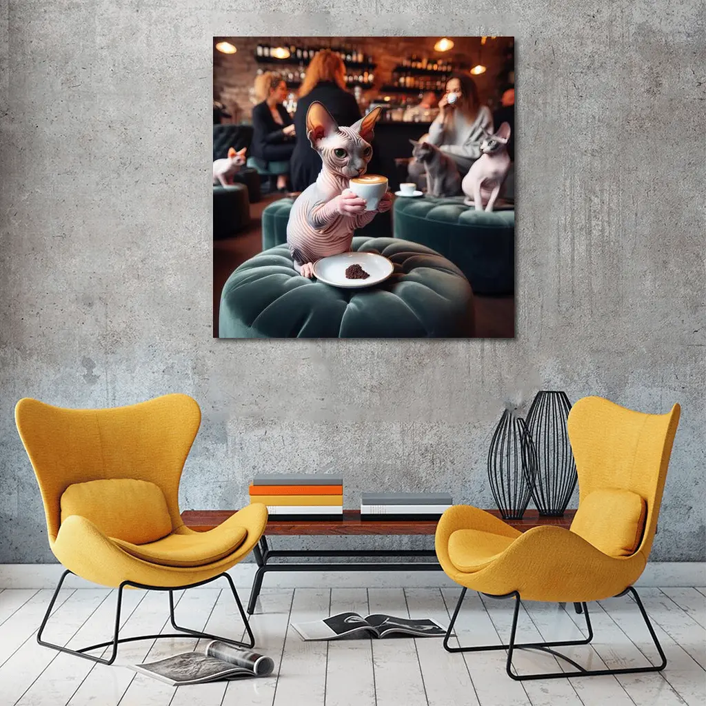 Sphynx Cat Drinking Coffee In Cafe – Wall Art