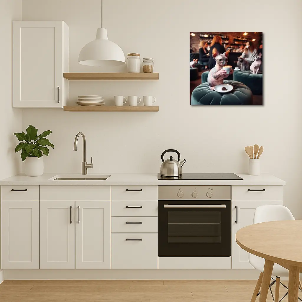 Sphynx Cat Drinking Coffee In Cafe – Wall Art