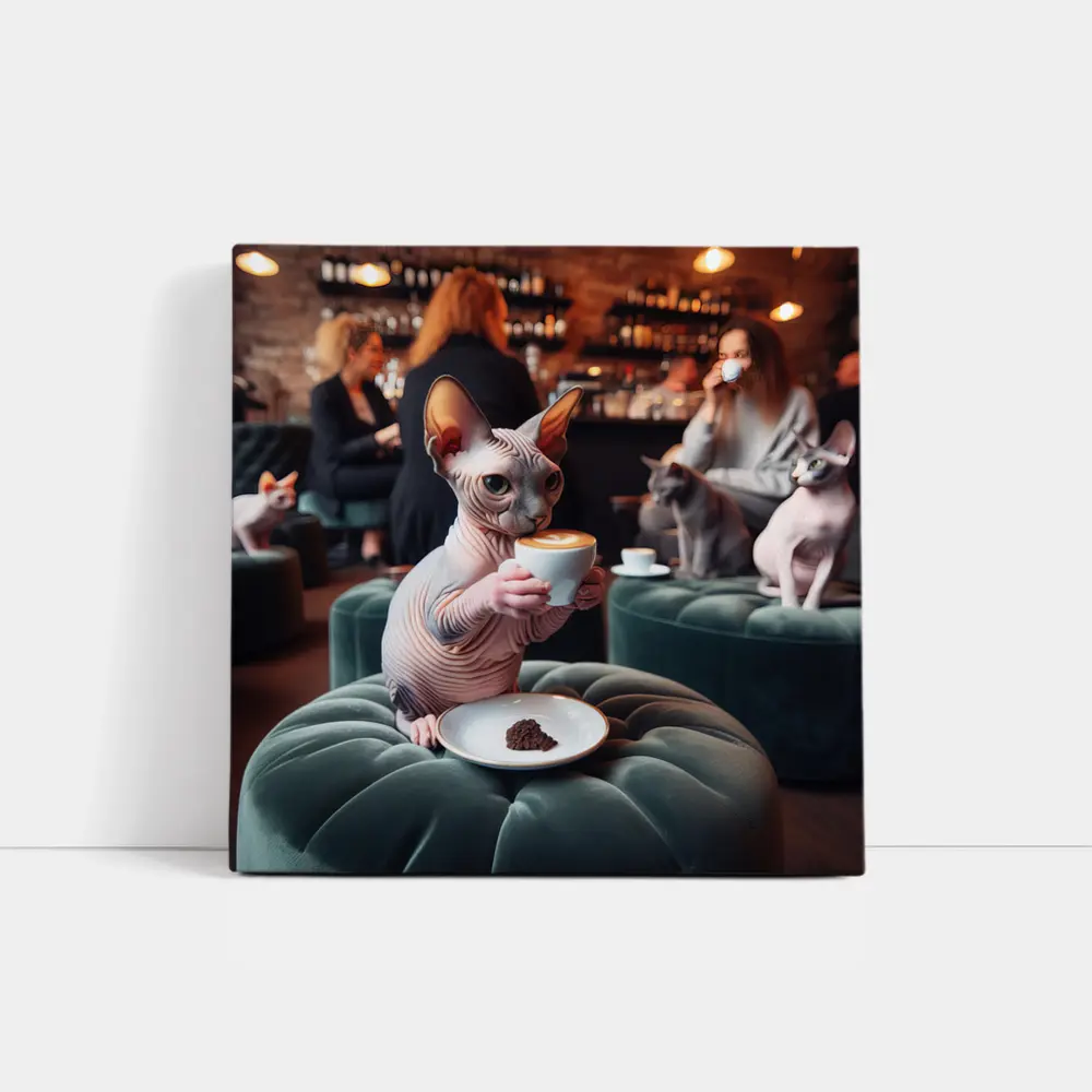 Sphynx Cat Drinking Coffee In Cafe – Wall Art