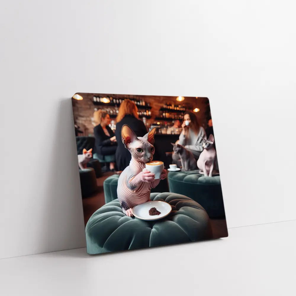 Sphynx Cat Drinking Coffee In Cafe – Wall Art