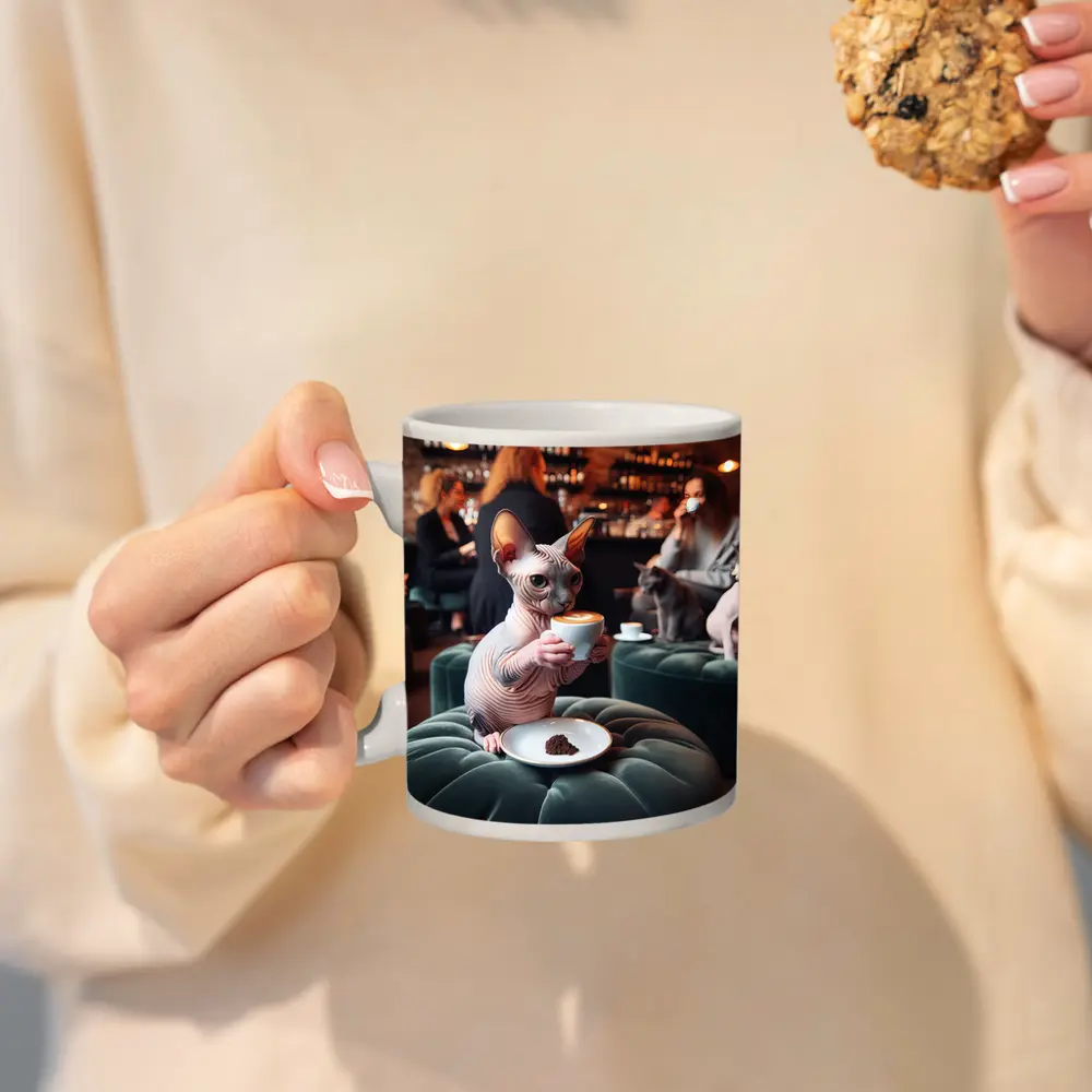 Sphynx Cat Drinking Coffee In Cafe – Mugs