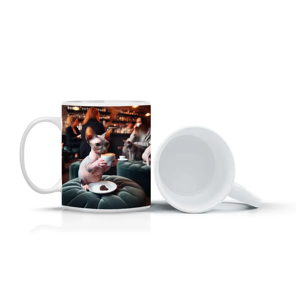 Sphynx Cat Drinking Coffee In Cafe – Mugs