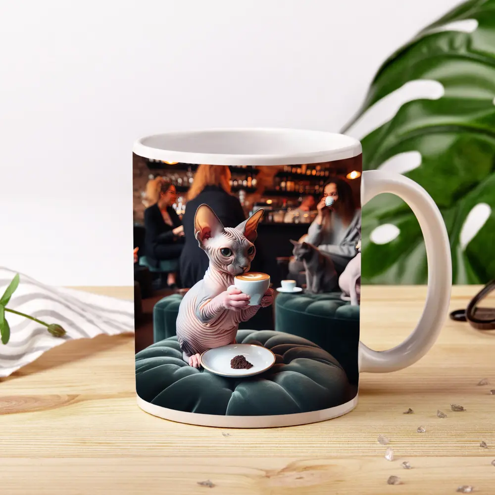 Sphynx Cat Drinking Coffee In Cafe – Mugs