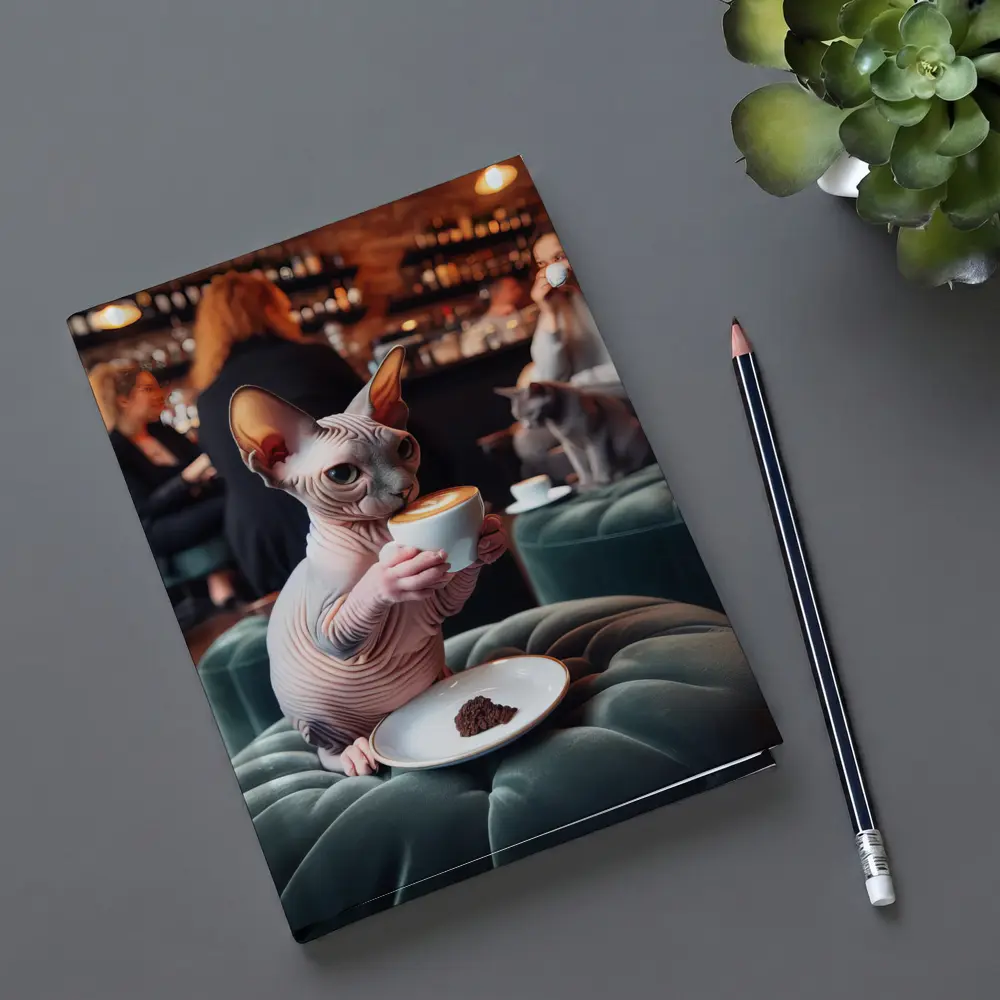 Sphynx Cat Drinking Coffee In Cafe – Notebooks