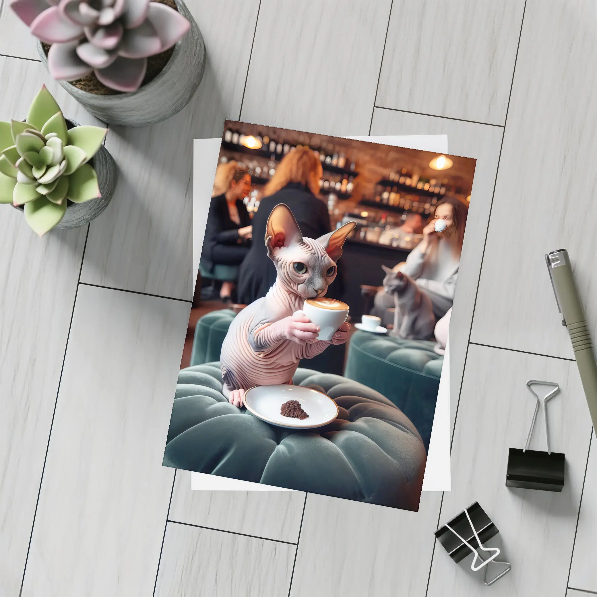 Sphynx Cat Drinking Coffee In Cafe – Postcards