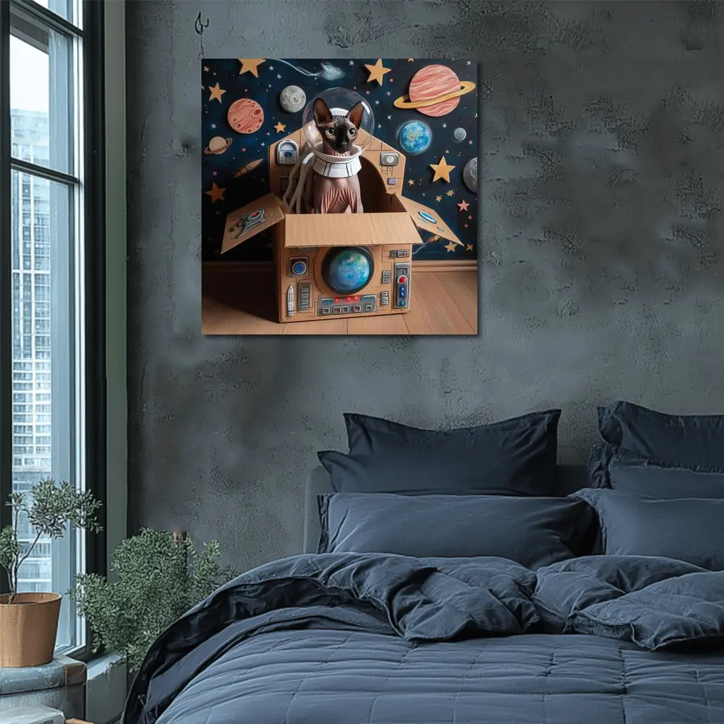 Sphynx Cat Astronaut Cardboard Spaceship Space – Wall Art